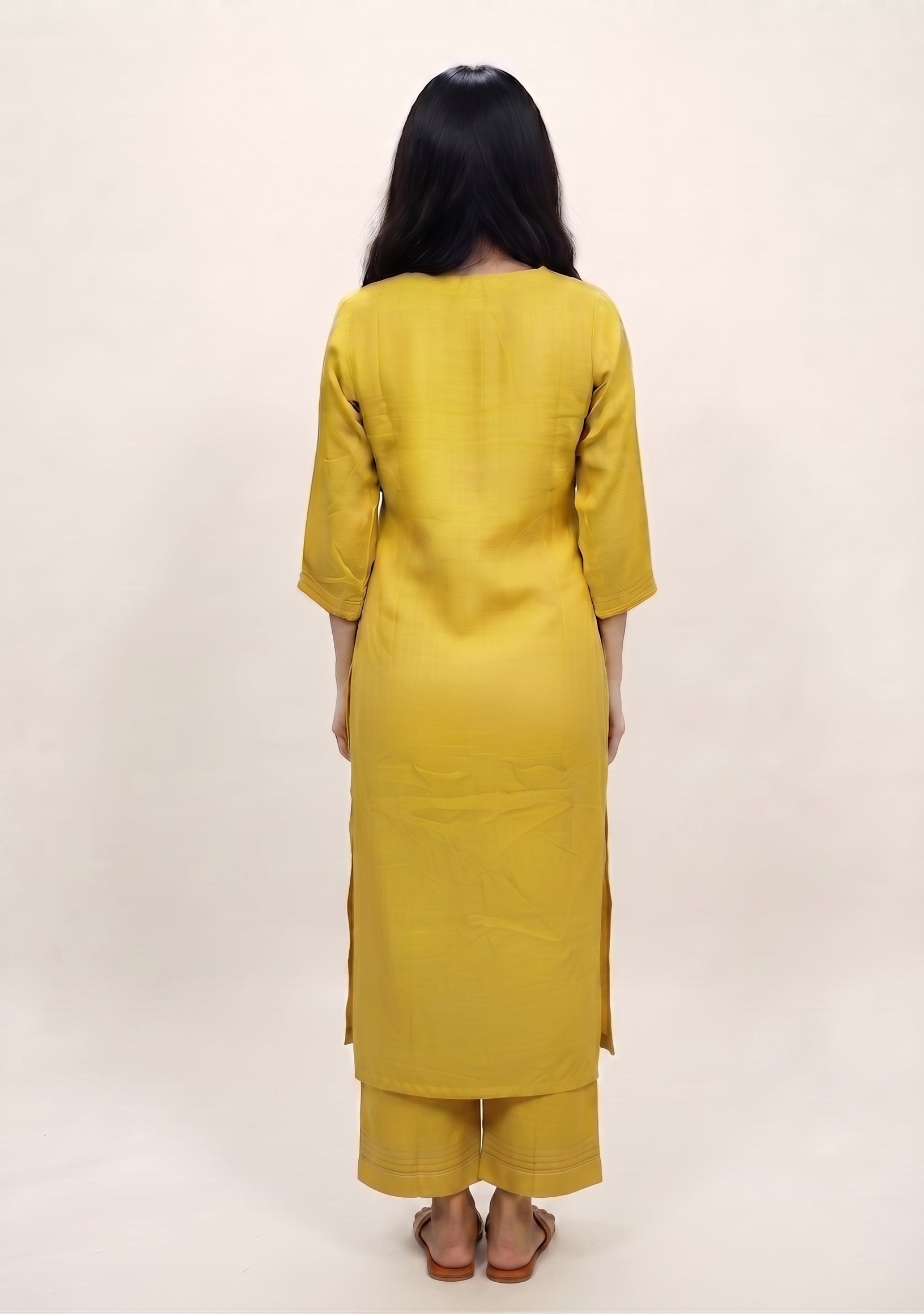 Greenish Lime Yellow Mul Cotton Handcrafted suit set