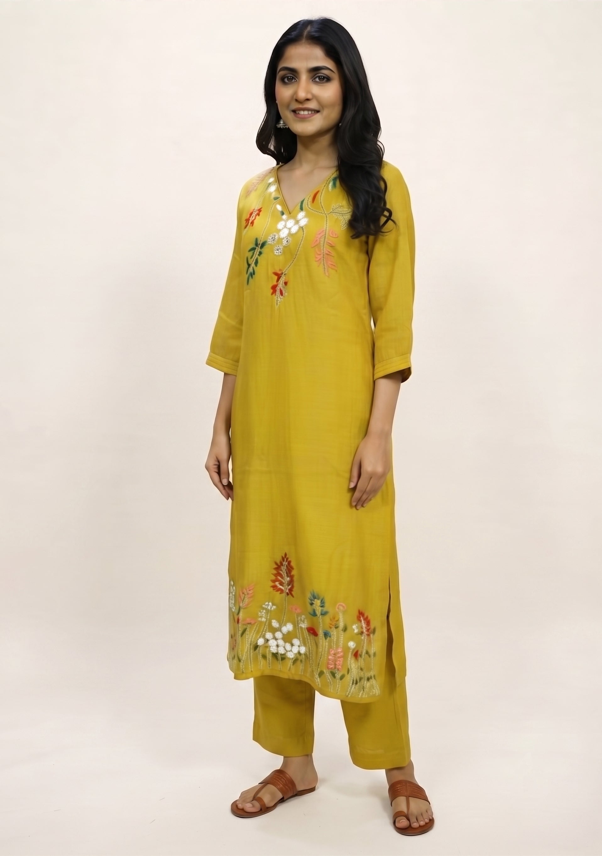 Greenish Lime Yellow Mul Cotton Handcrafted suit set