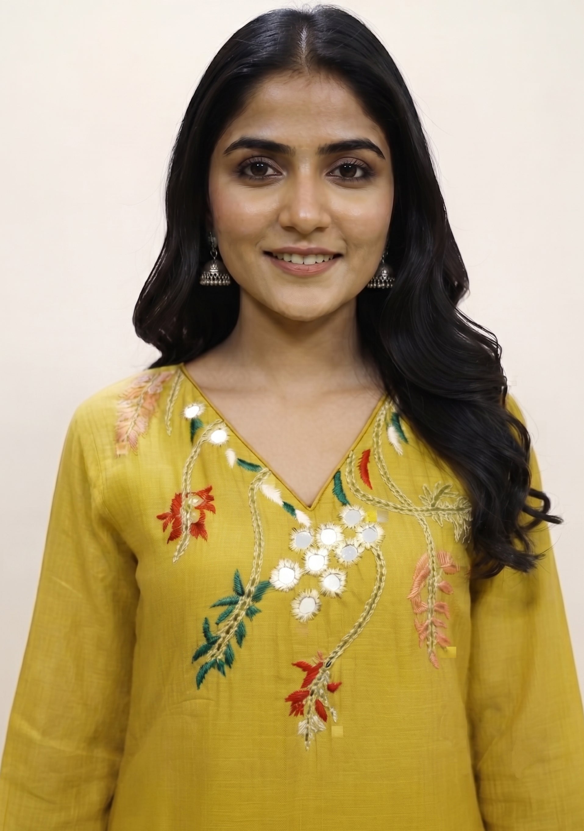 Greenish Lime Yellow Mul Cotton Handcrafted suit set