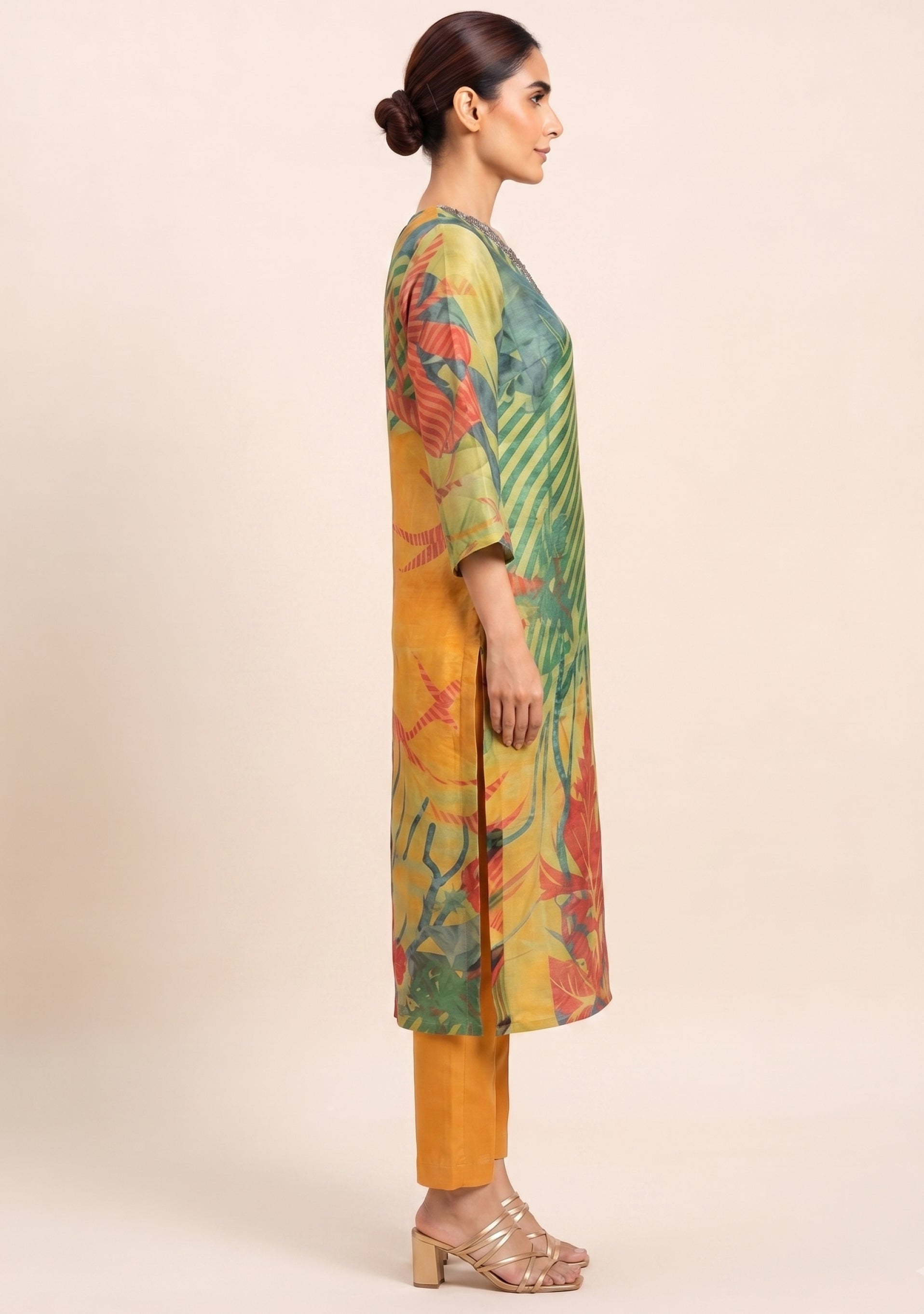 Green Orange Shimmer Printed Handcrafted 3pc suit set