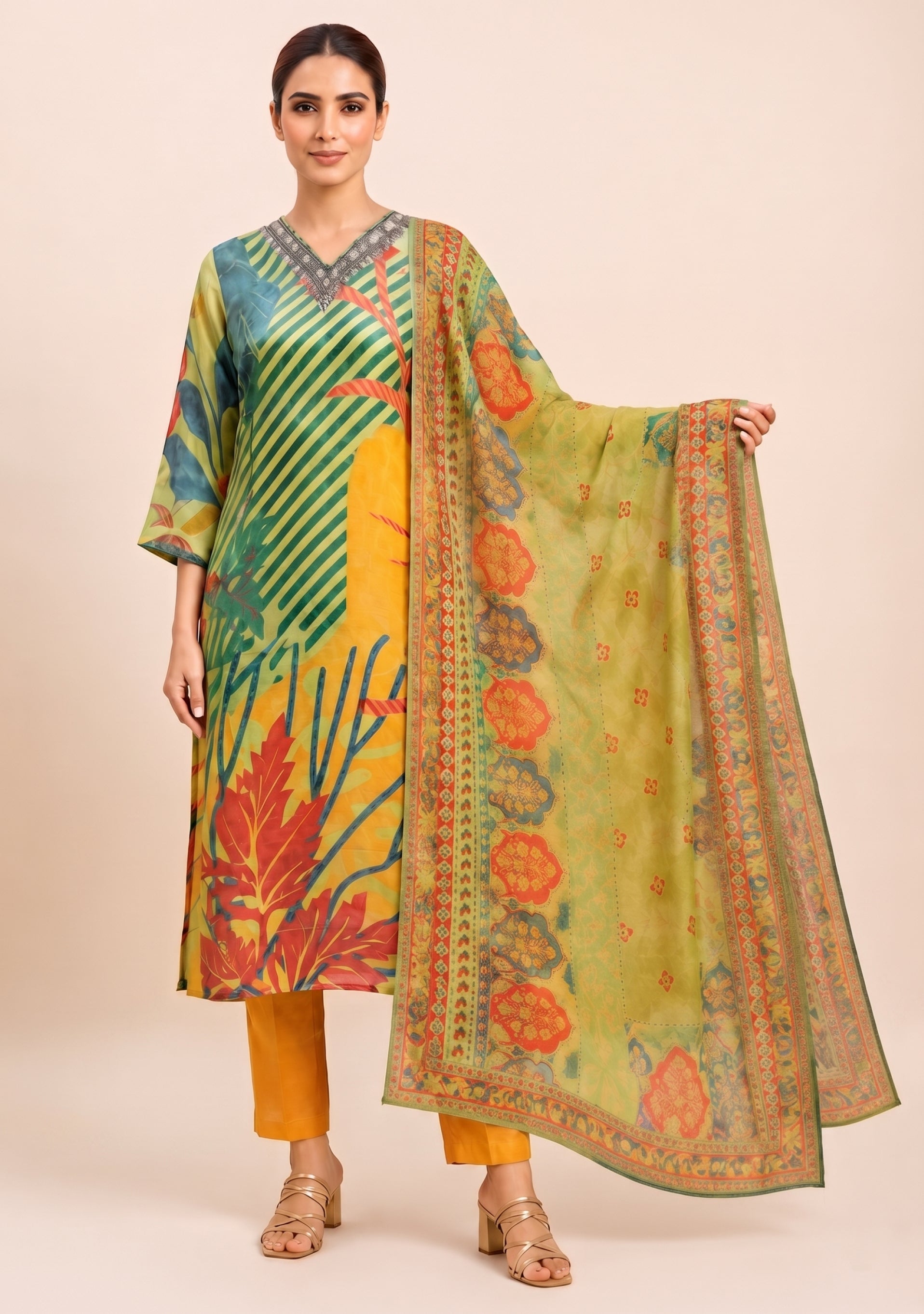 Green Orange Shimmer Printed Handcrafted 3pc suit set