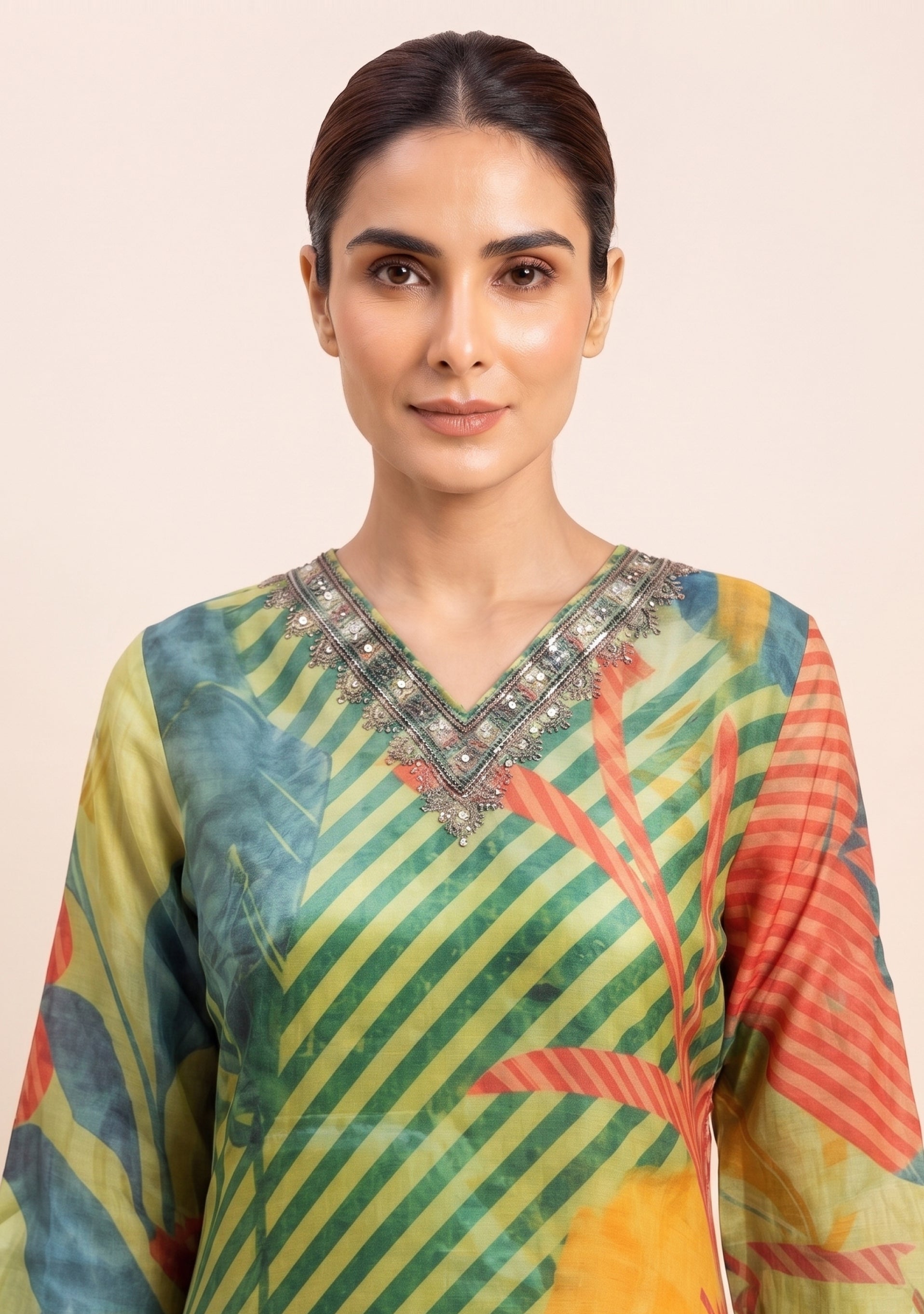 Green Orange Shimmer Printed Handcrafted 3pc suit set