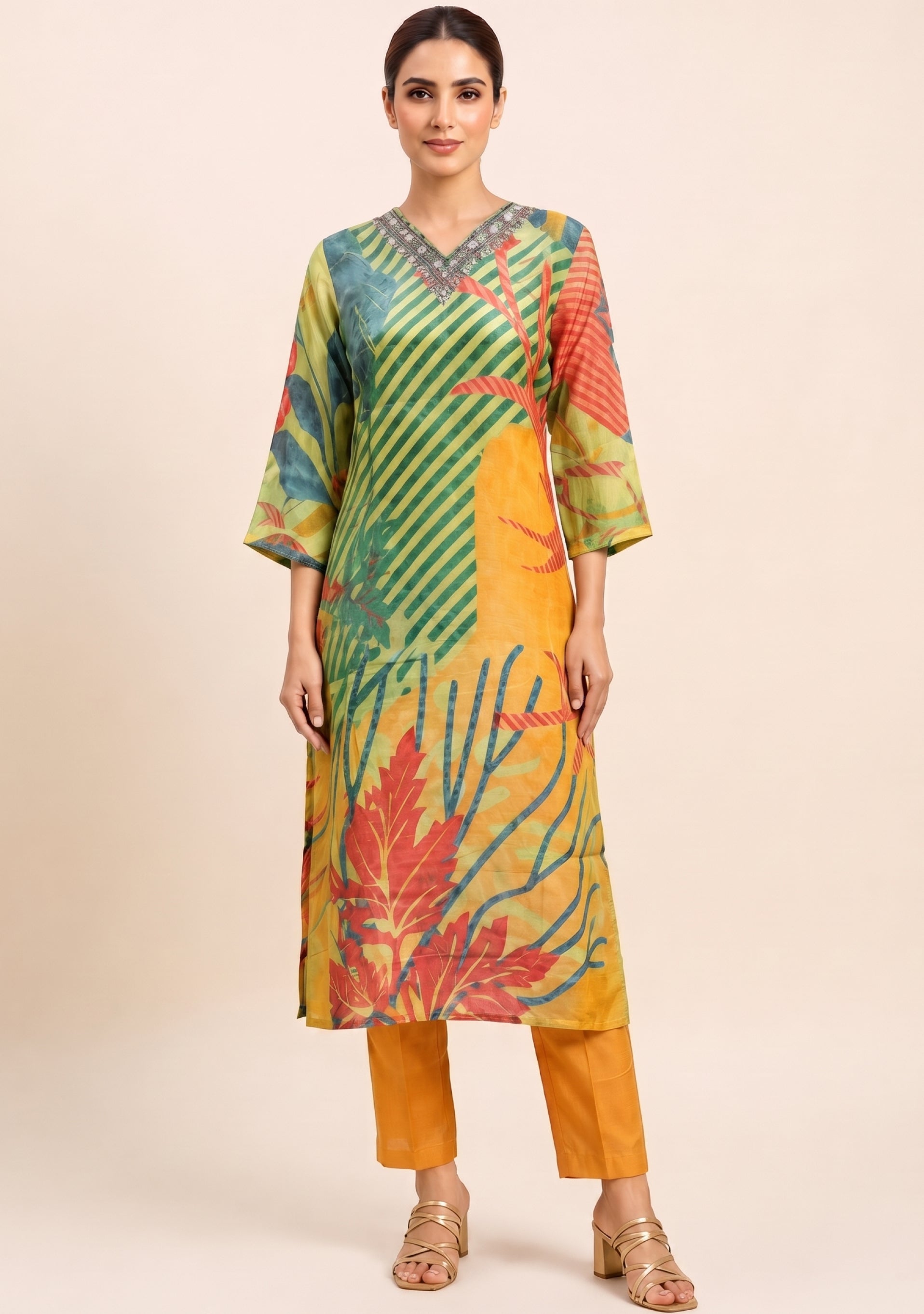 Green Orange Shimmer Printed Handcrafted 3pc suit set