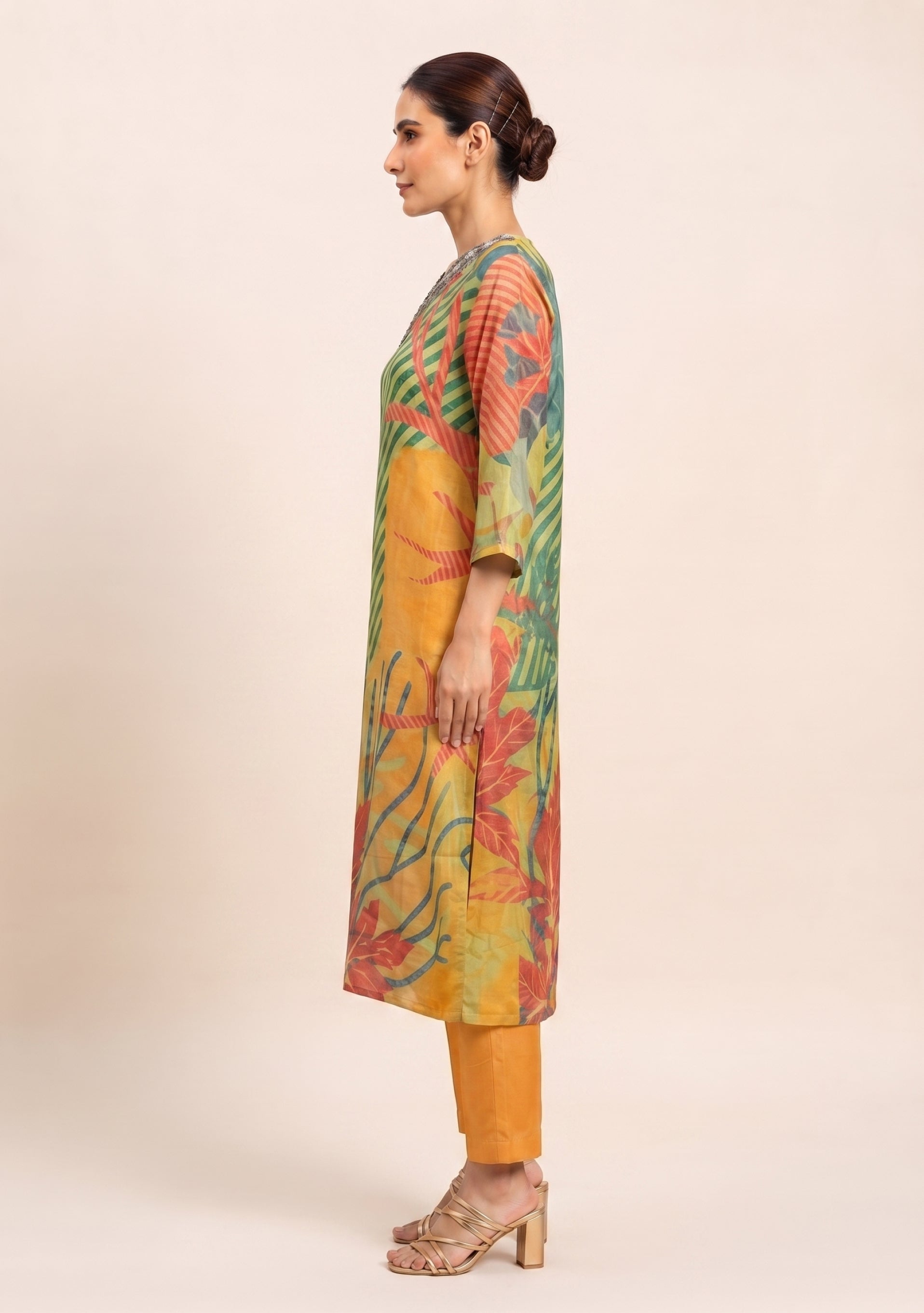 Green Orange Shimmer Printed Handcrafted 3pc suit set
