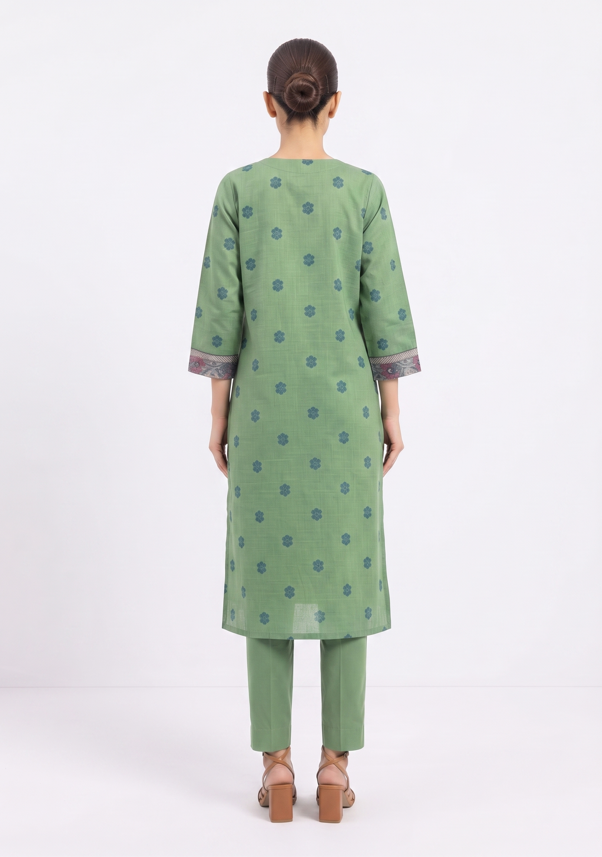 Green Printed Yoke Handloom 3pc suit set