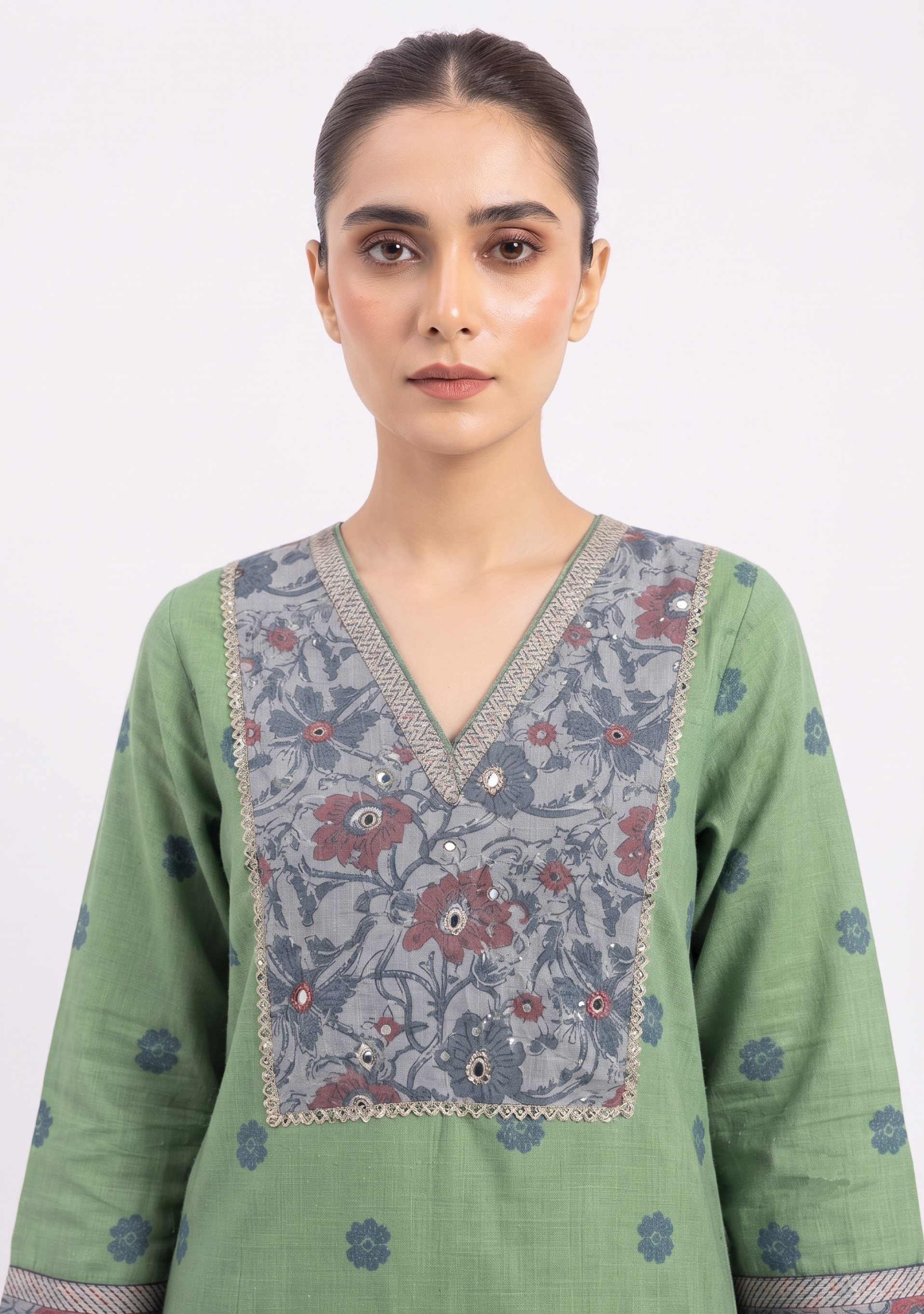 Green Printed Yoke Handloom 3pc suit set