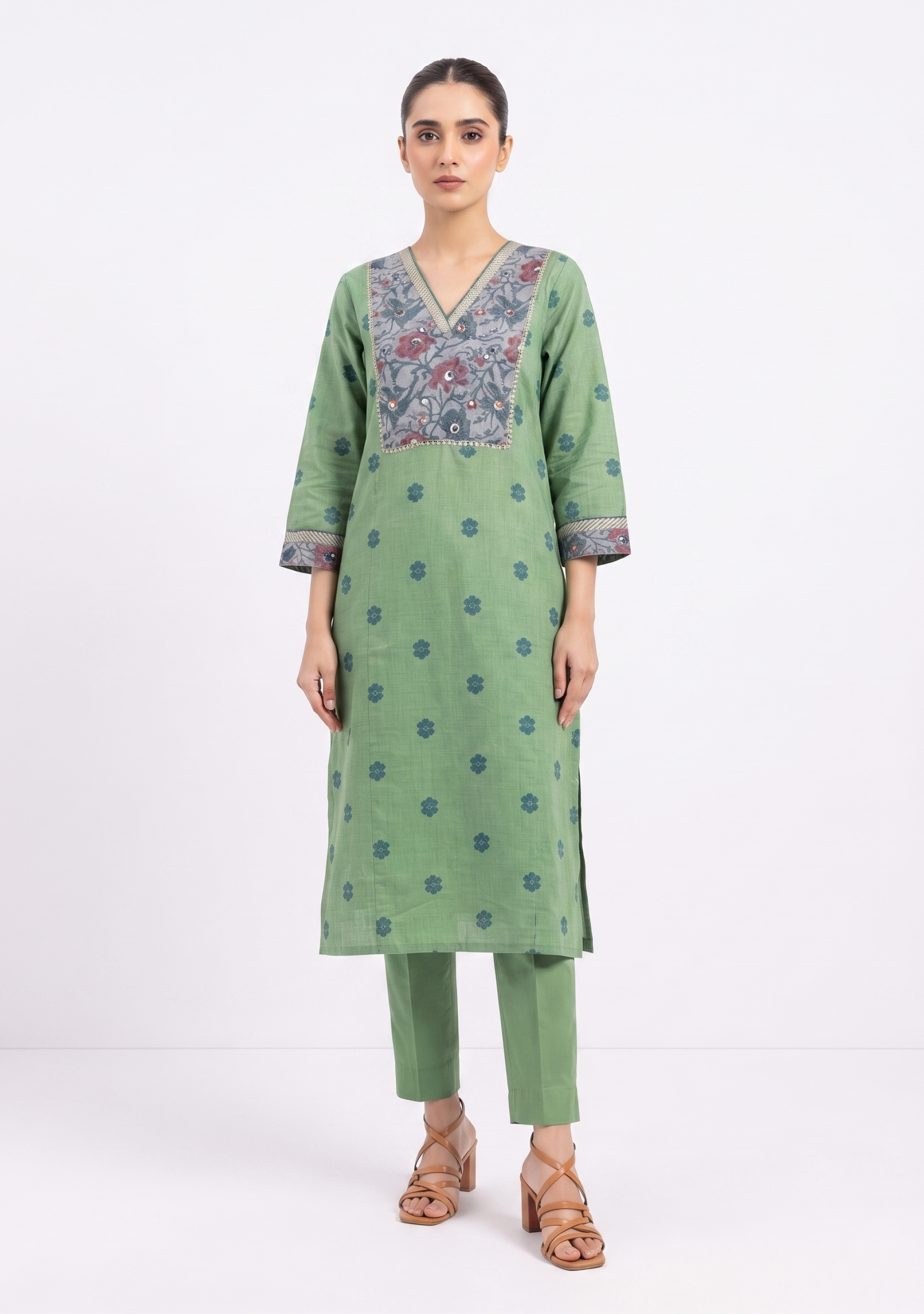 Green Printed Yoke Handloom 3pc suit set