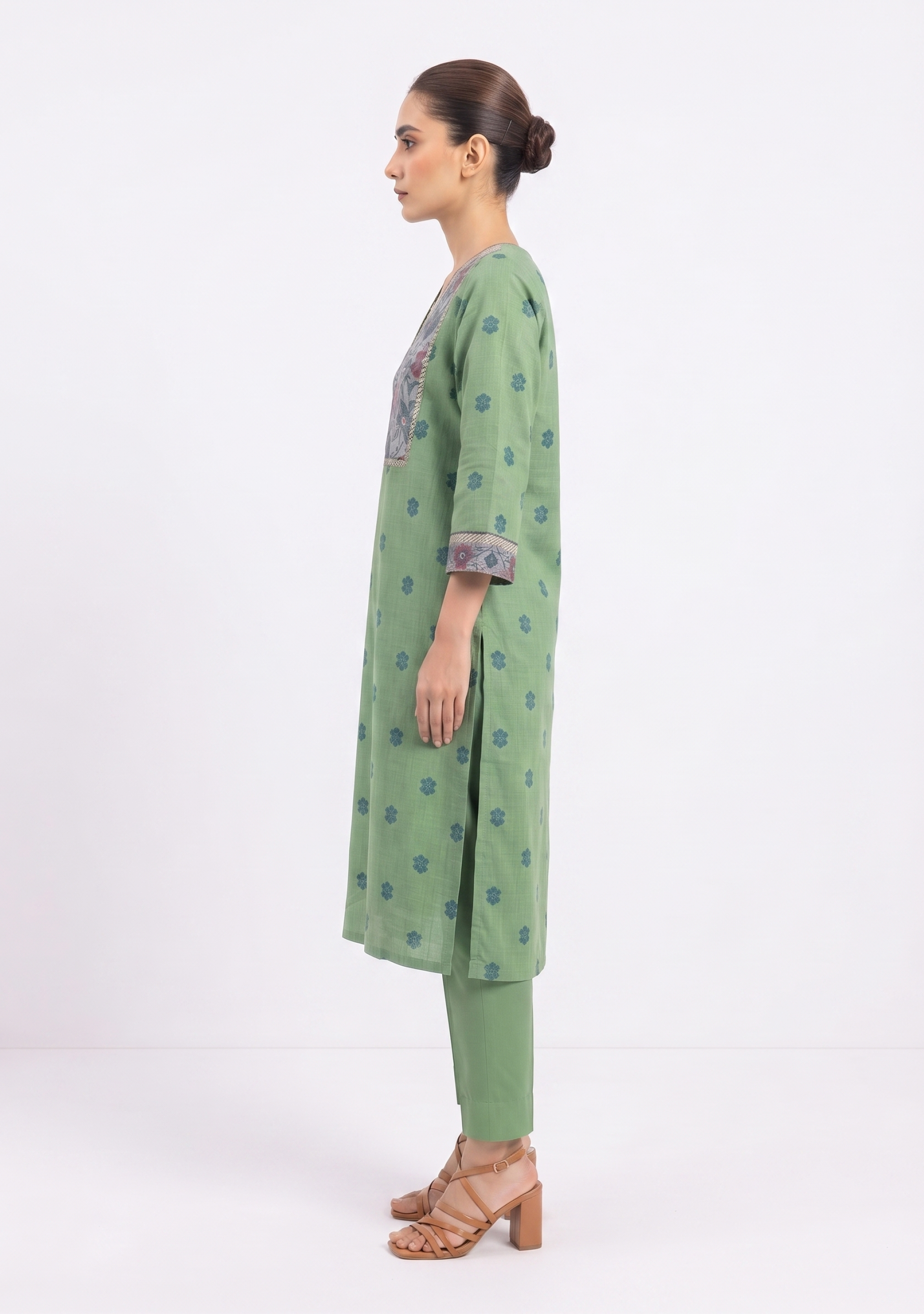 Green Printed Yoke Handloom 3pc suit set