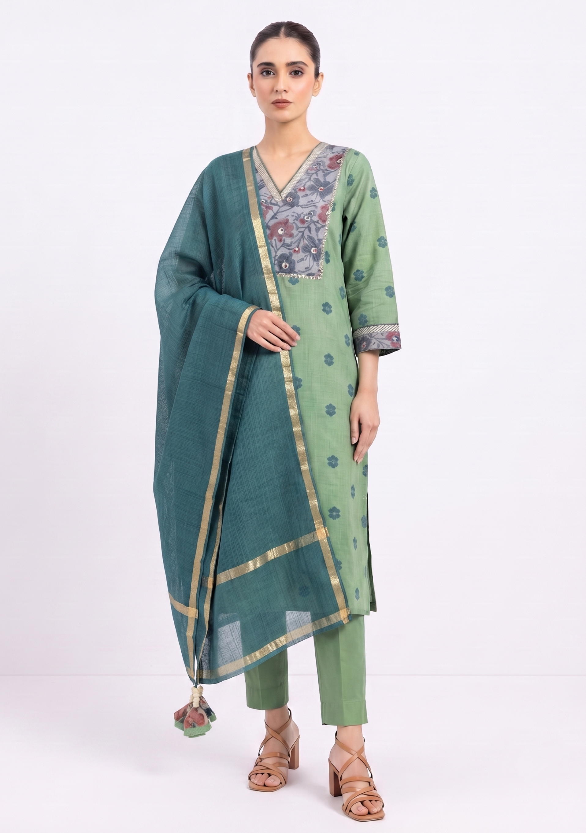 Green Printed Yoke Handloom 3pc suit set
