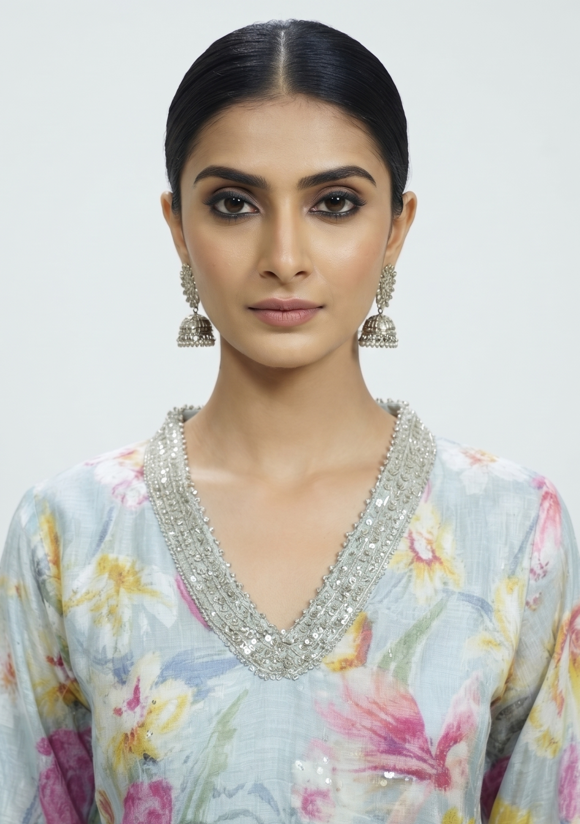 Grey Chinon Gotapatti Floral Sharara Handcrafted 3pc suit set