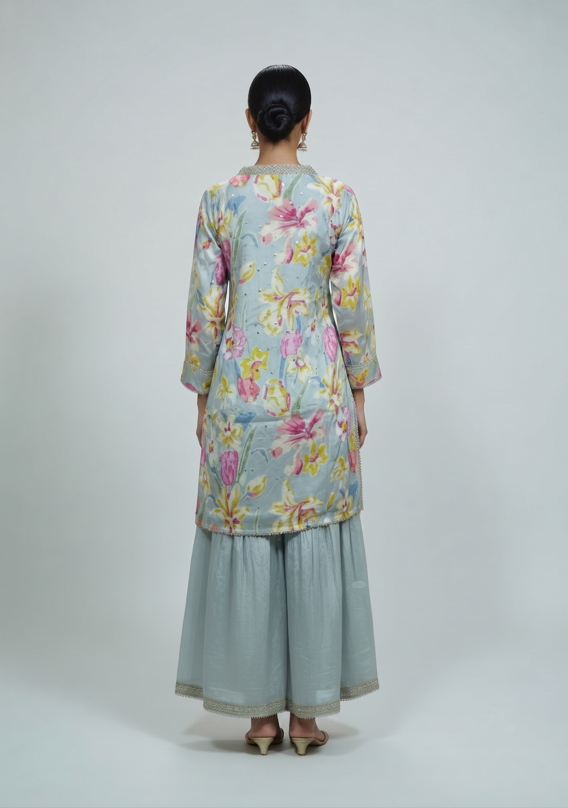 Grey Chinon Gotapatti Floral Sharara Handcrafted 3pc suit set