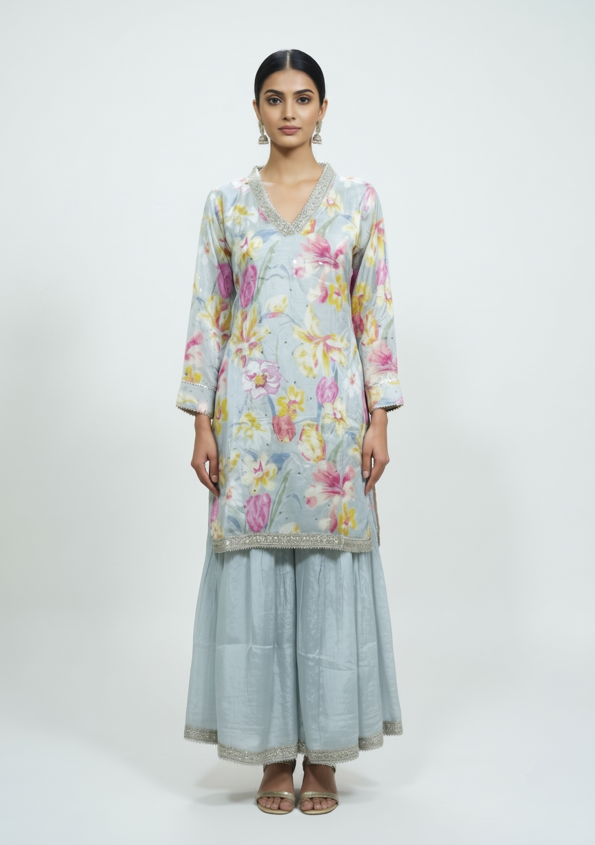 Grey Chinon Gotapatti Floral Sharara Handcrafted 3pc suit set