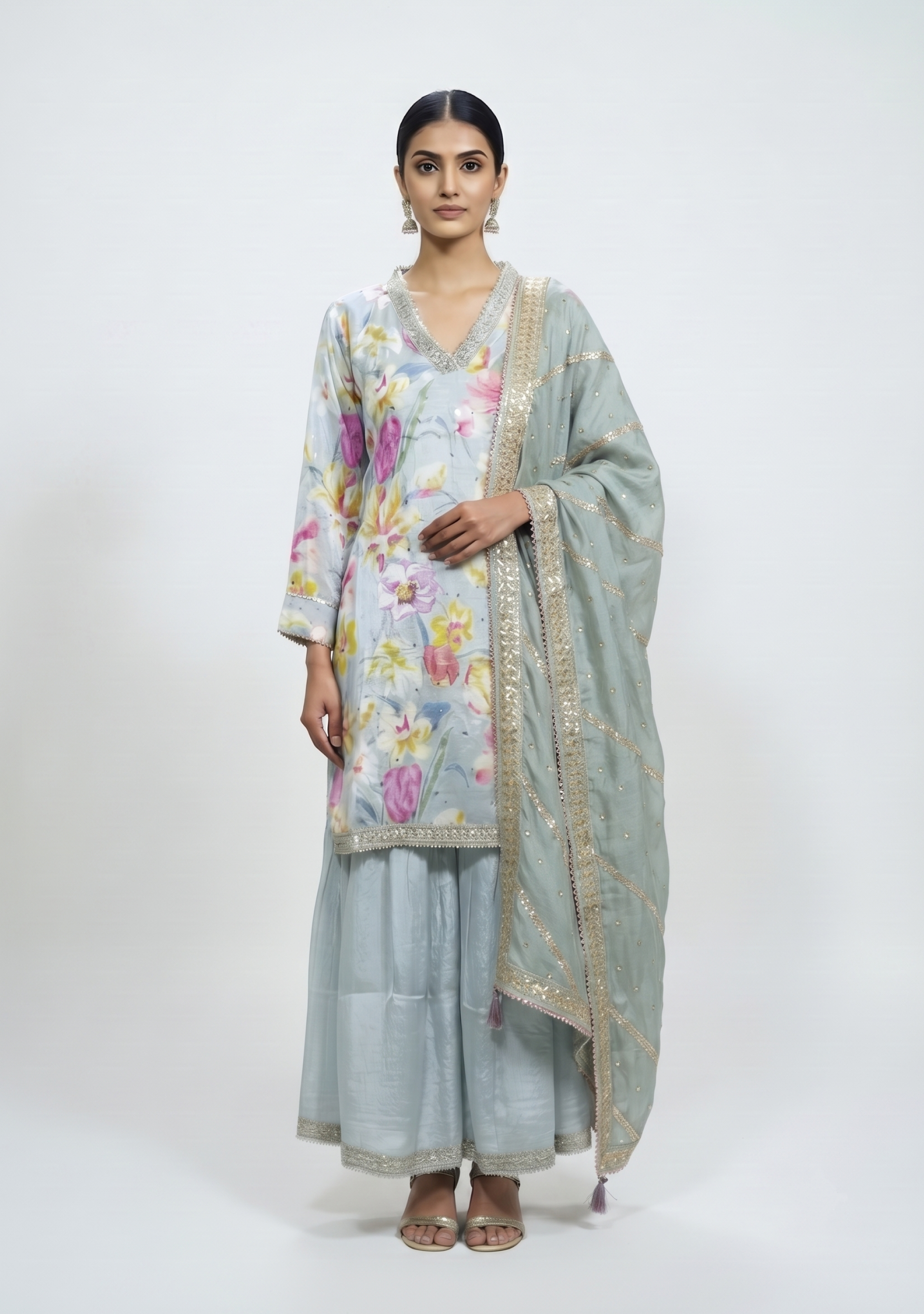 Grey Chinon Gotapatti Floral Sharara Handcrafted 3pc suit set
