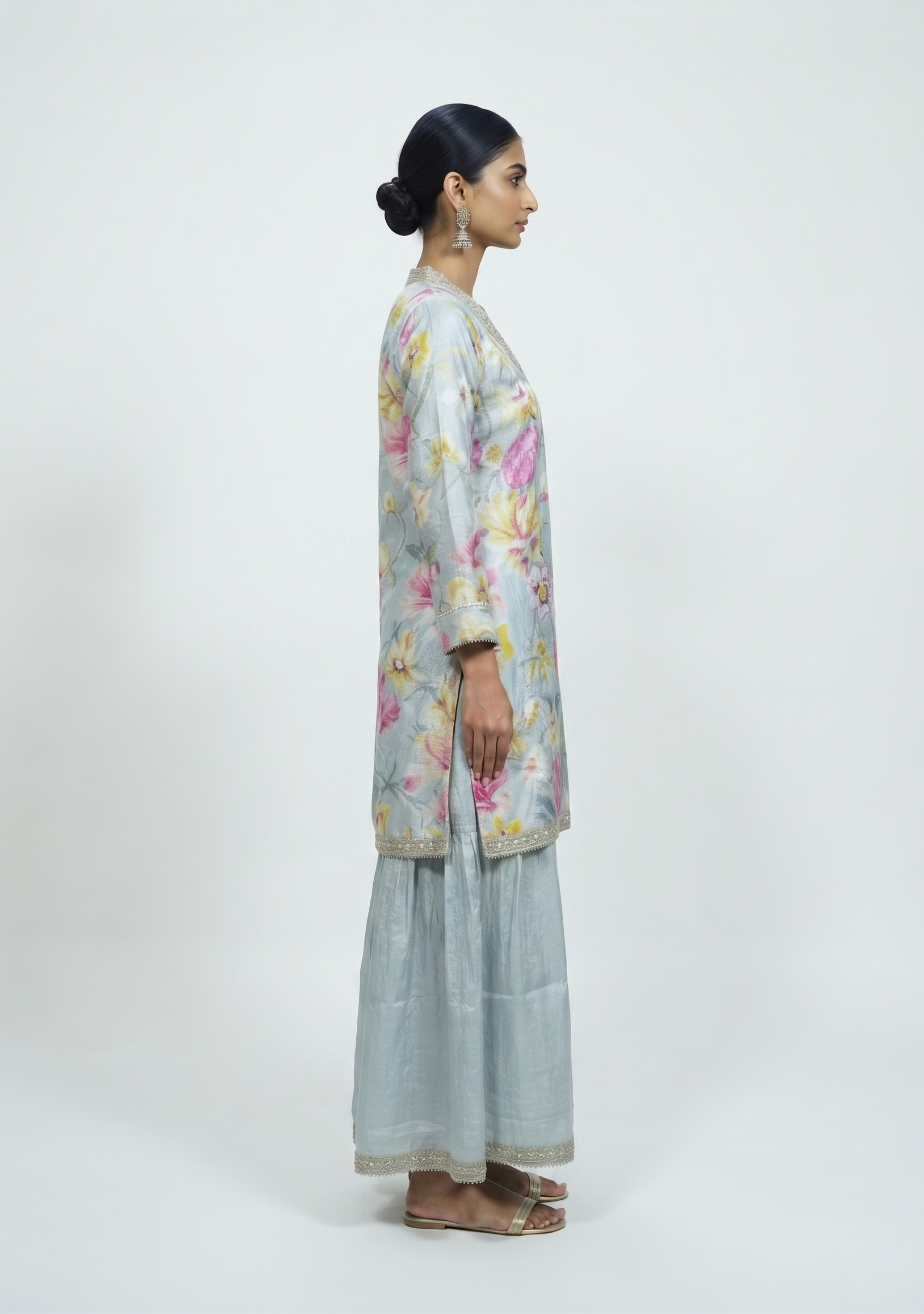 Grey Chinon Gotapatti Floral Sharara Handcrafted 3pc suit set
