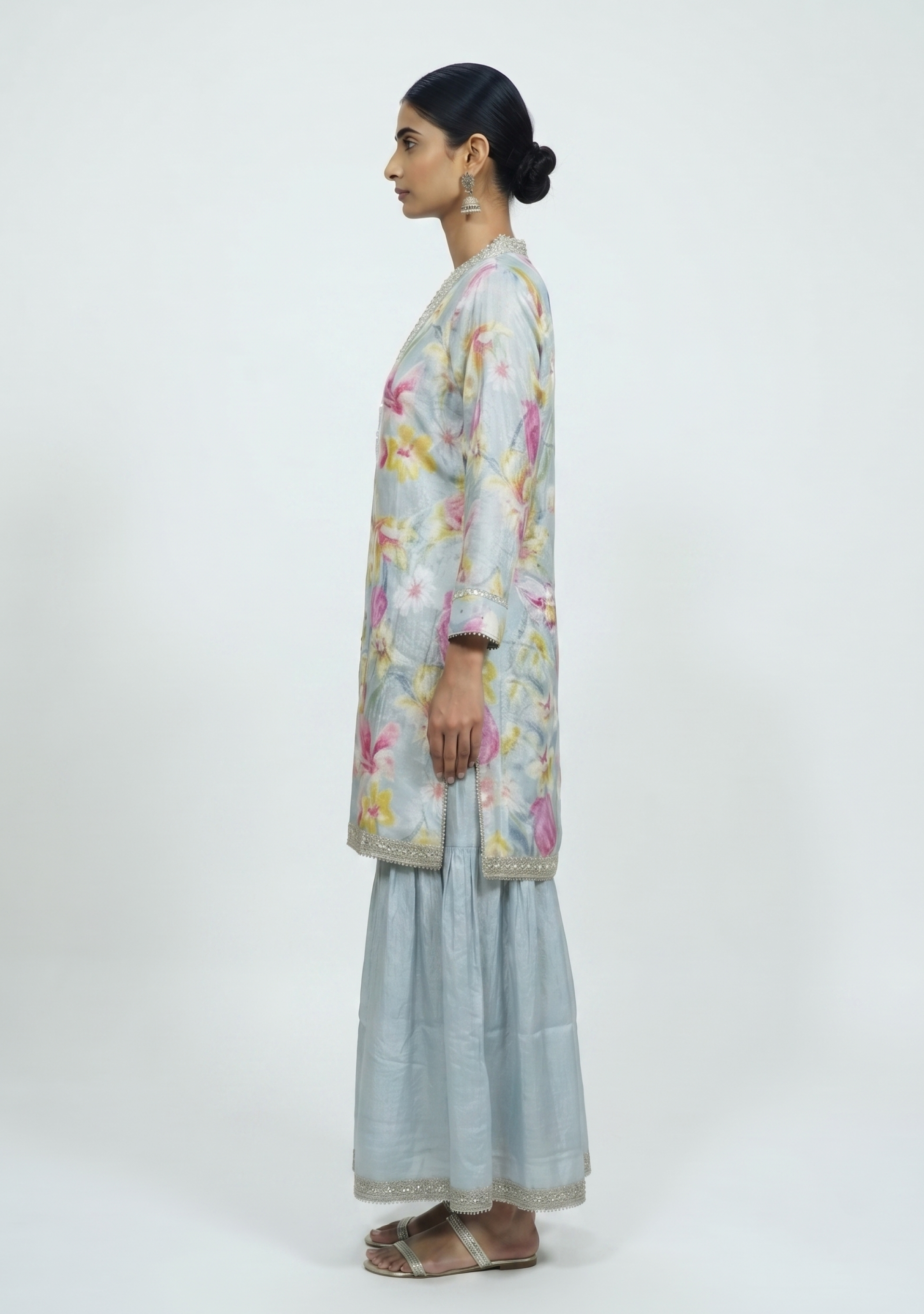 Grey Chinon Gotapatti Floral Sharara Handcrafted 3pc suit set