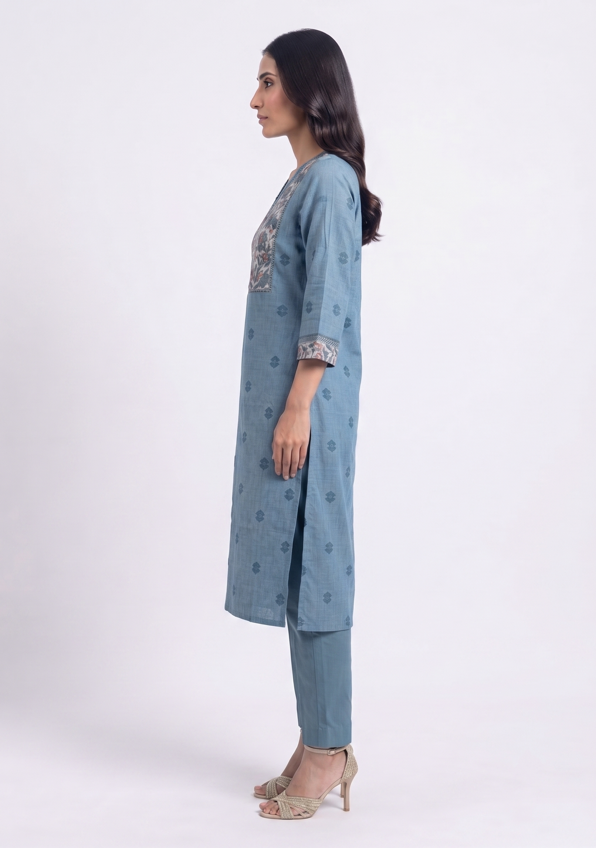 Grey Printed-Yoke Handloom 3pc suit set