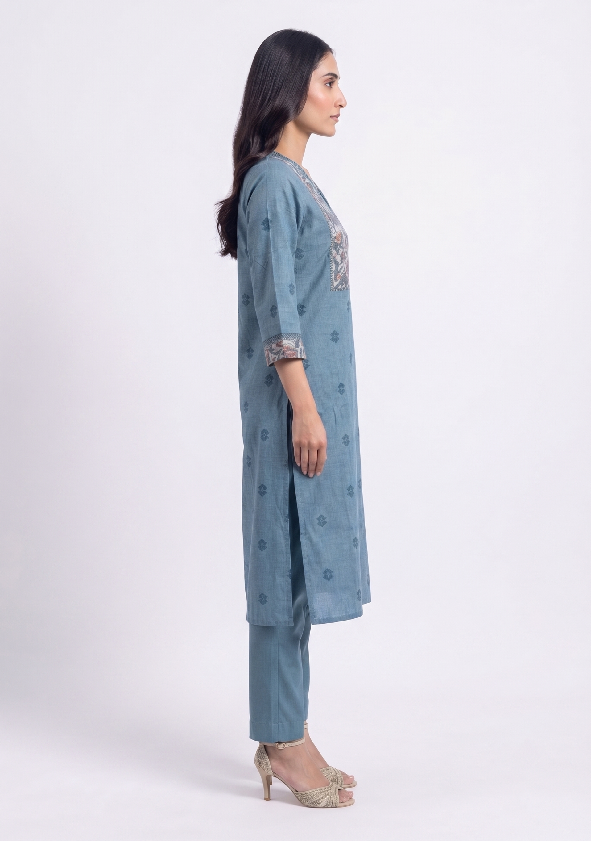 Grey Printed-Yoke Handloom 3pc suit set
