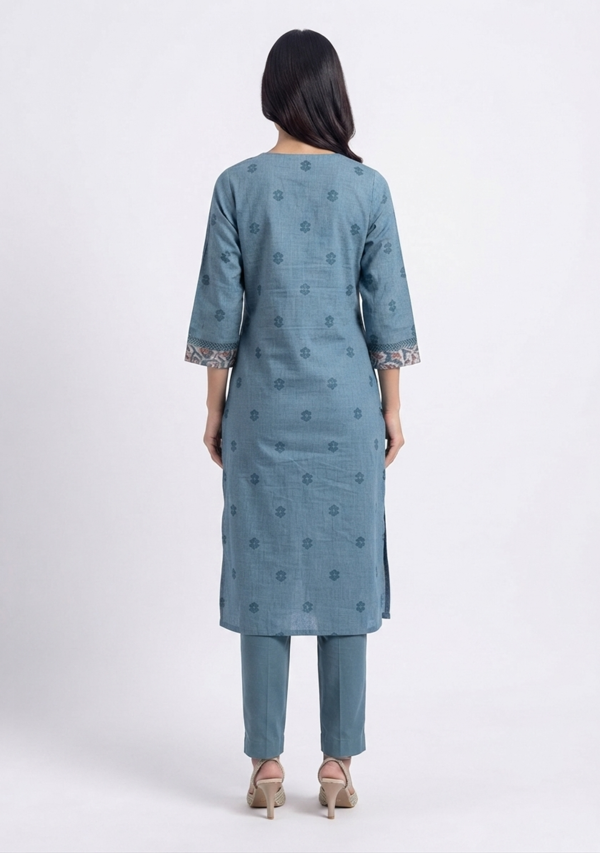 Grey Printed-Yoke Handloom 3pc suit set