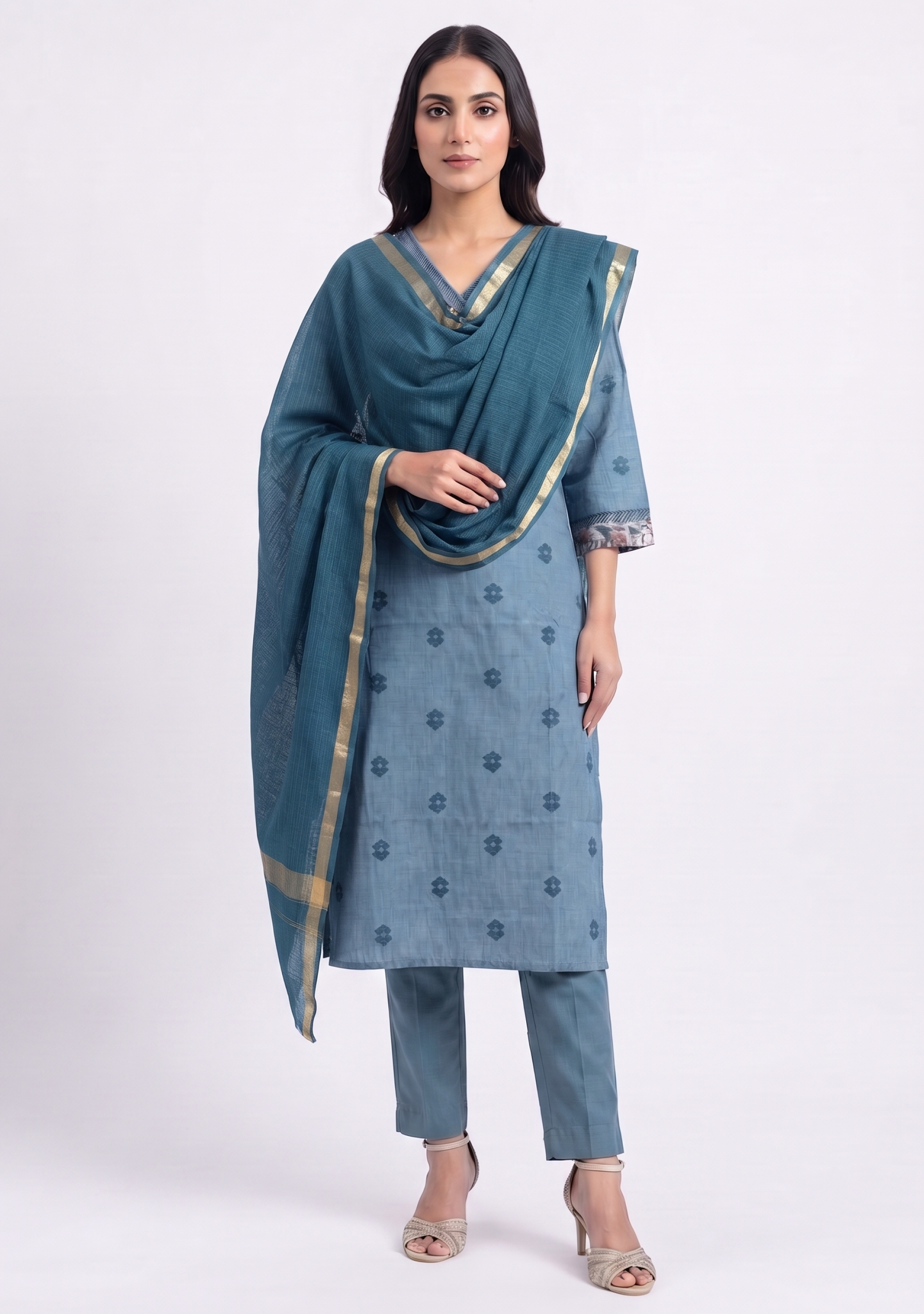 Grey Printed-Yoke Handloom 3pc suit set