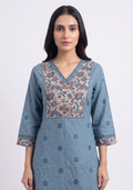 Grey Printed-Yoke Handloom 3pc suit set