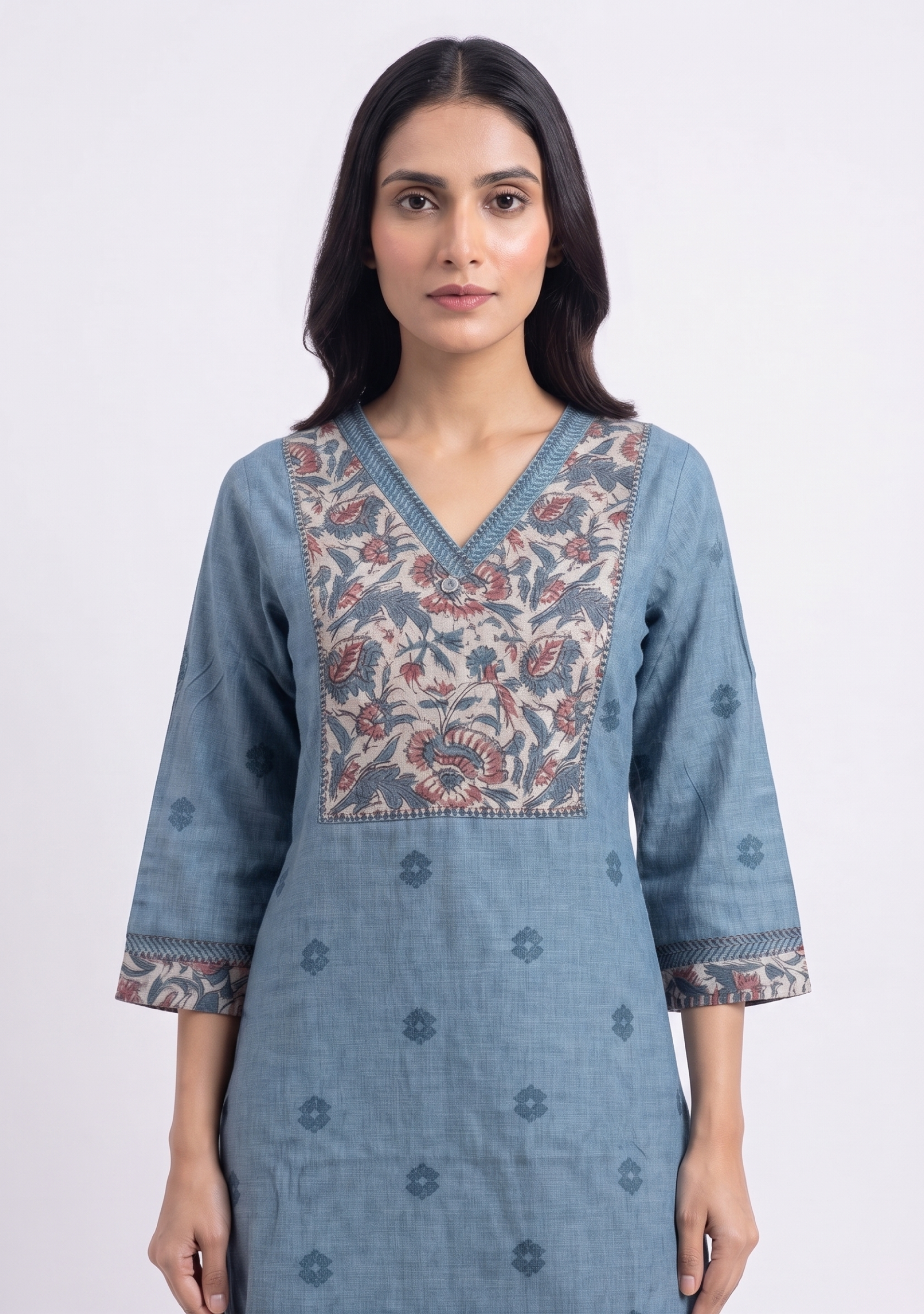 Grey Printed-Yoke Handloom 3pc suit set