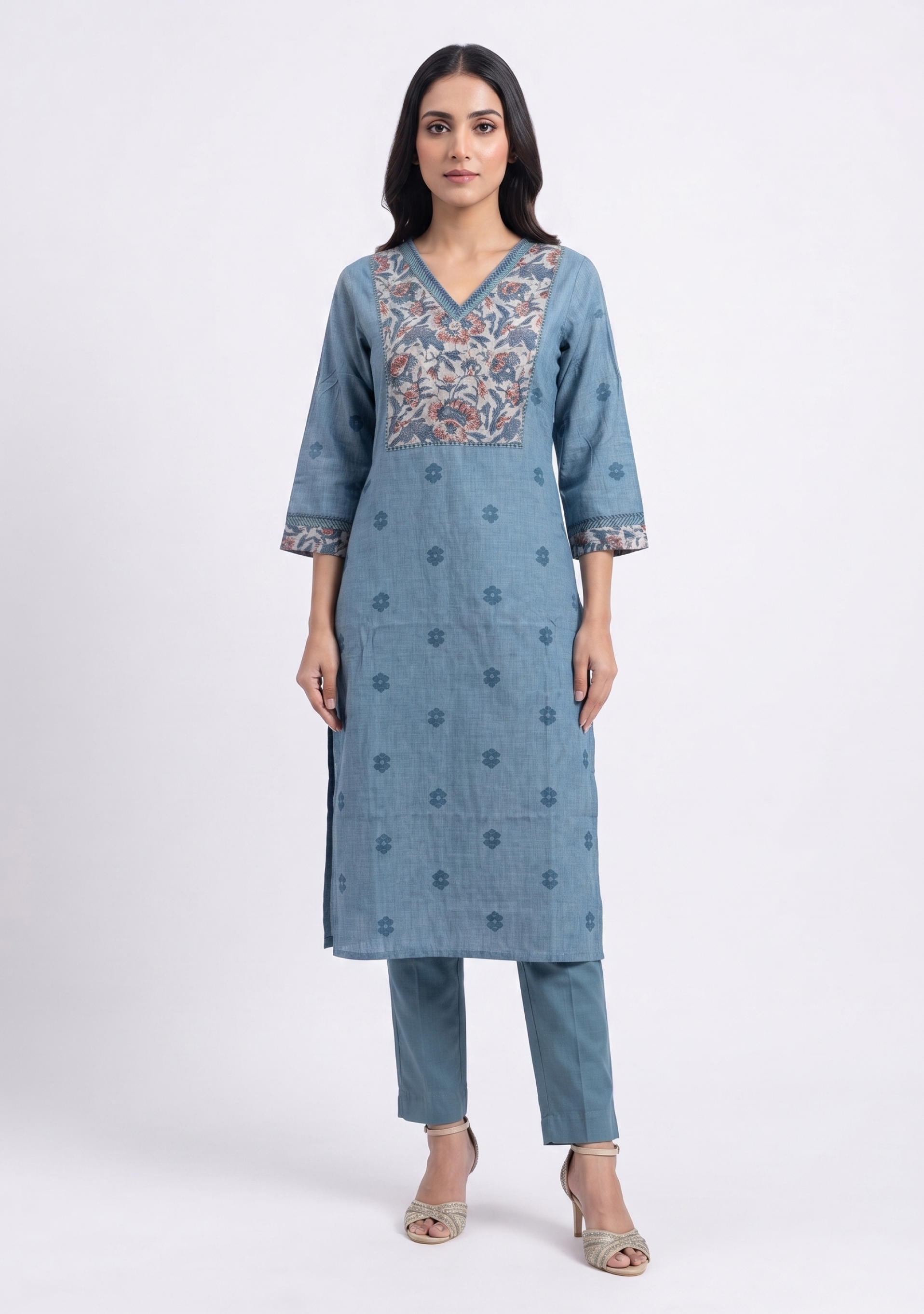 Grey Printed-Yoke Handloom 3pc suit set