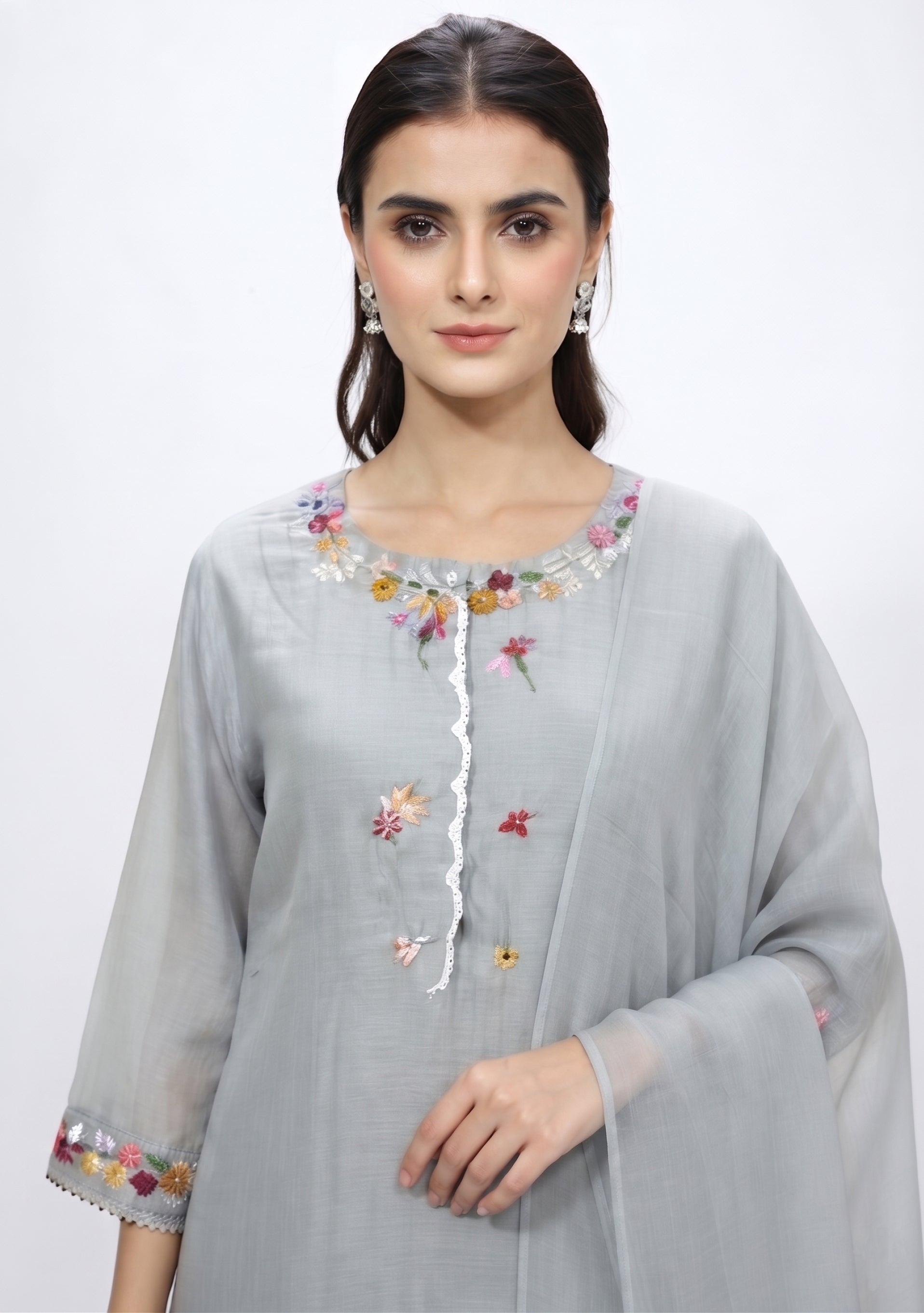 Grey Chanderi Silk Handcrafted A-line suit set