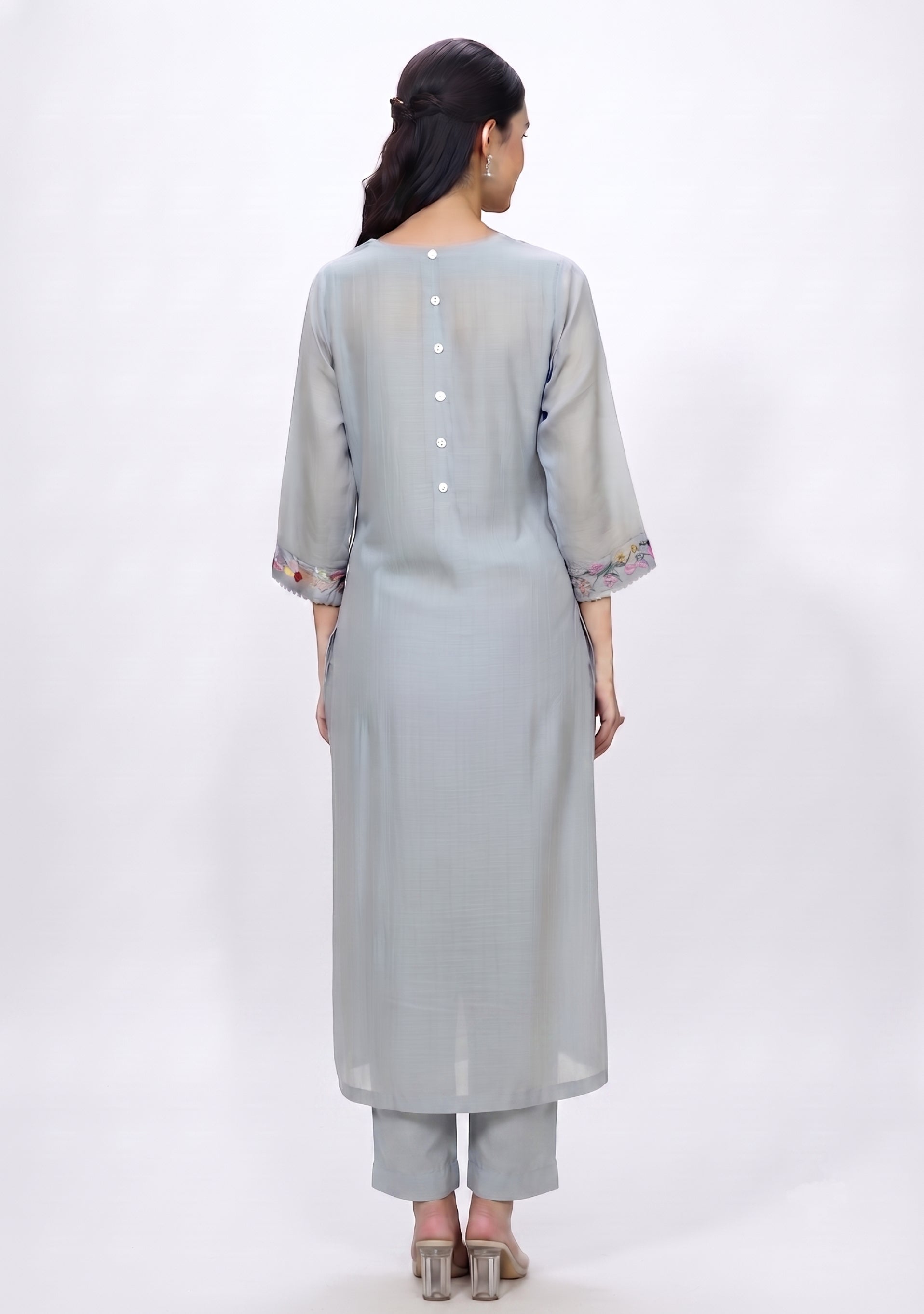 Grey Chanderi Silk Handcrafted A-line suit set