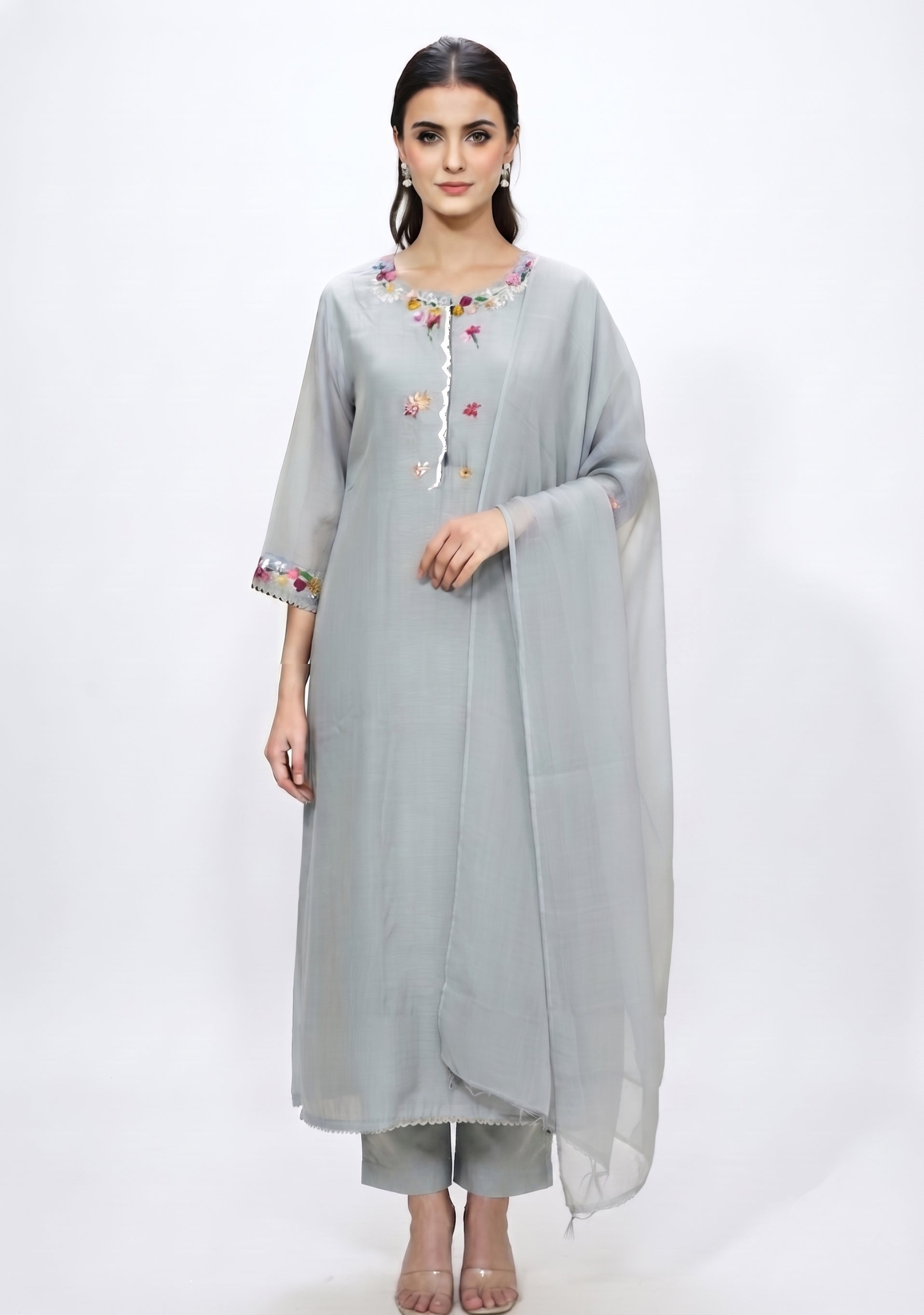 Grey Chanderi Silk Handcrafted A-line suit set