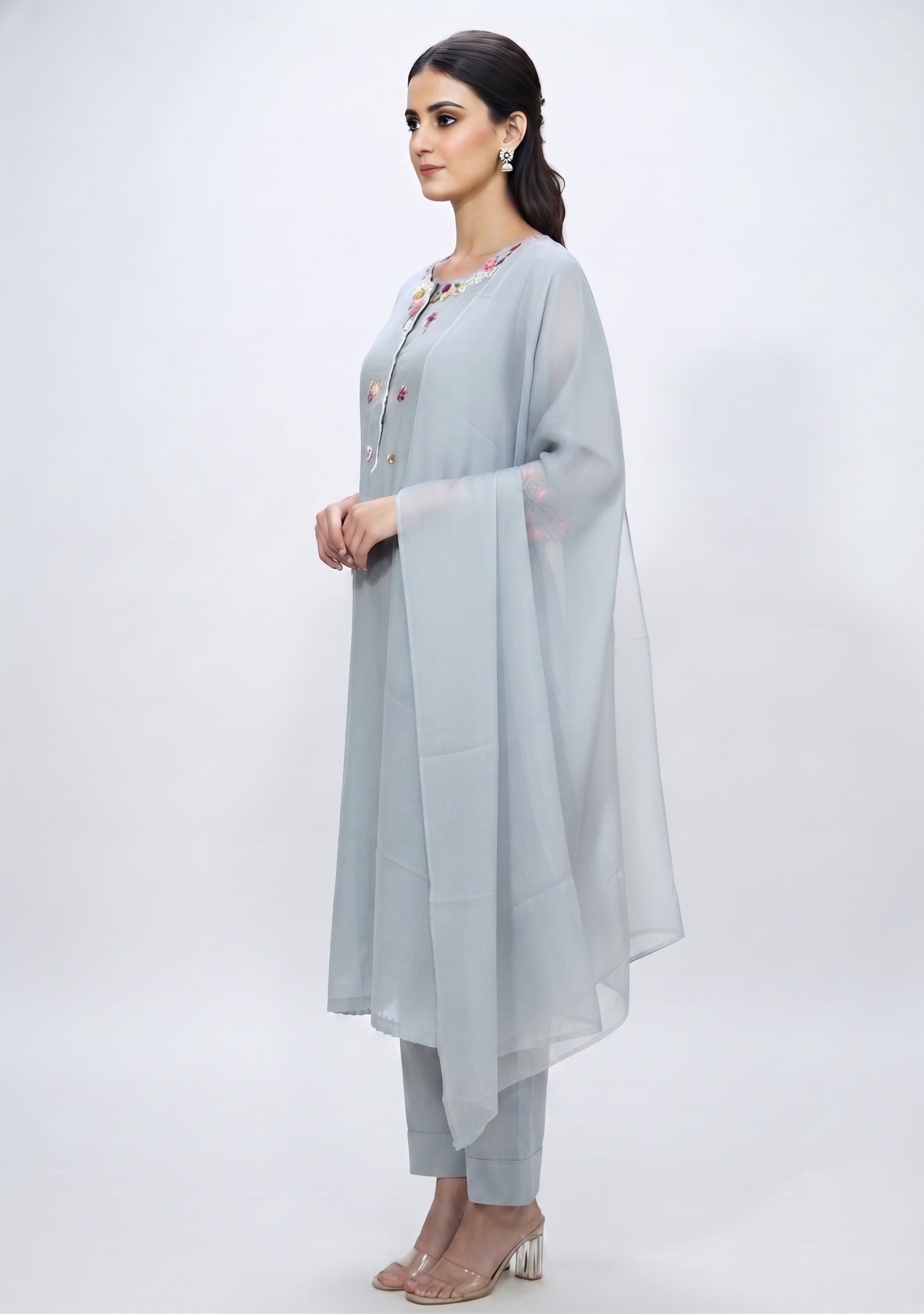 Grey Chanderi Silk Handcrafted A-line suit set