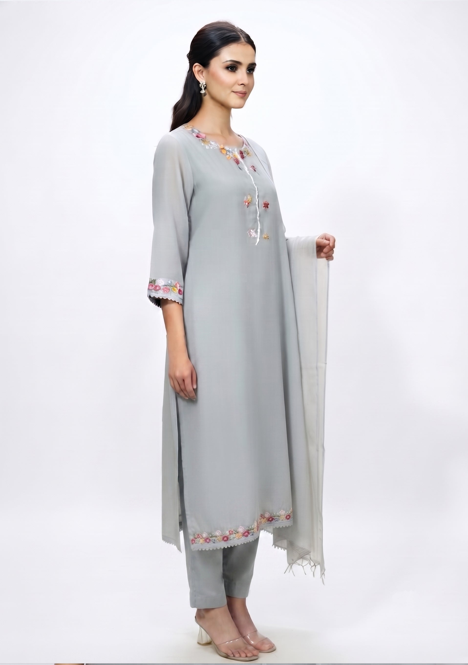 Grey Chanderi Silk Handcrafted A-line suit set
