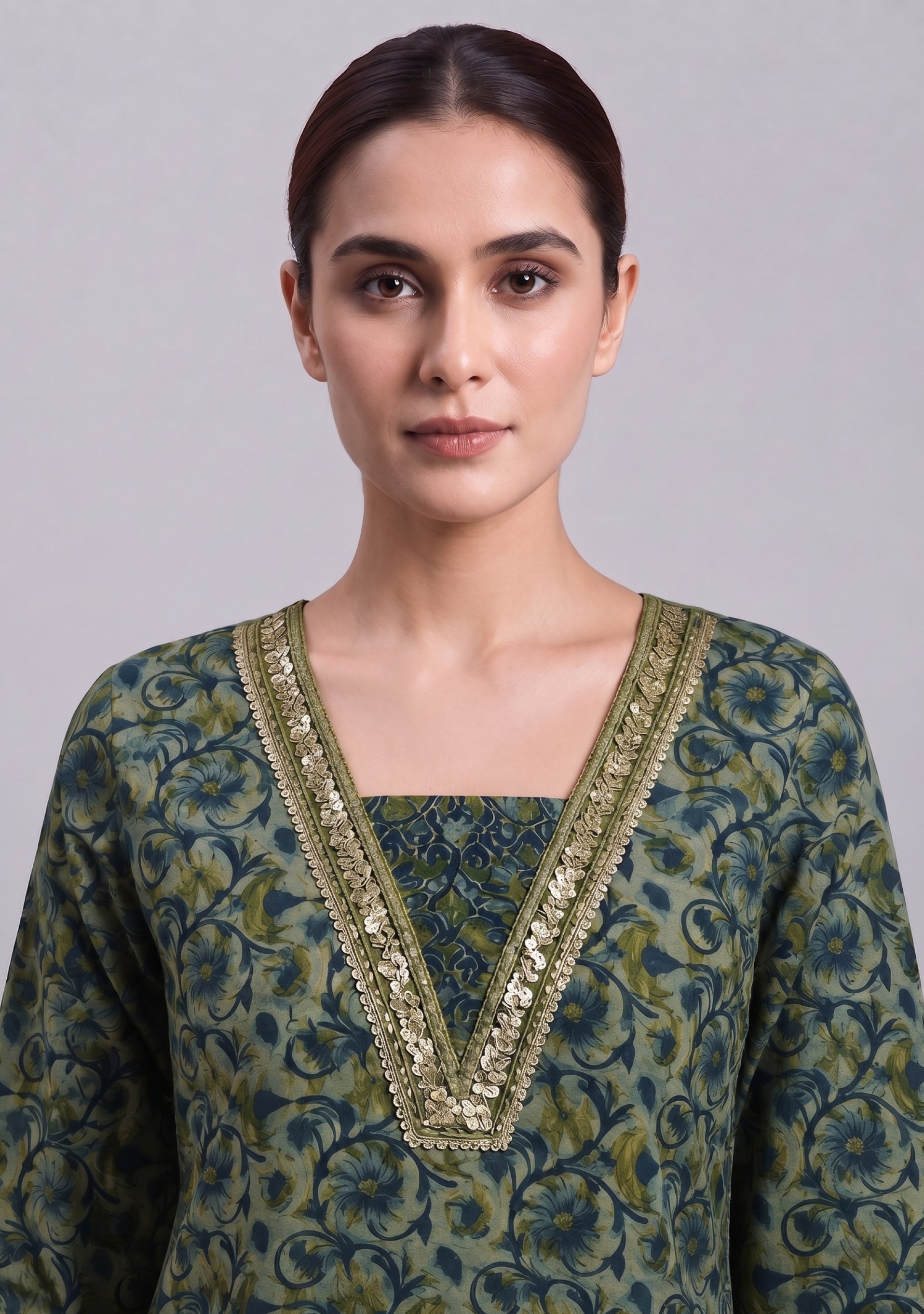 Greyish Navy Blue Printed Handcrafted 3pc suit set
