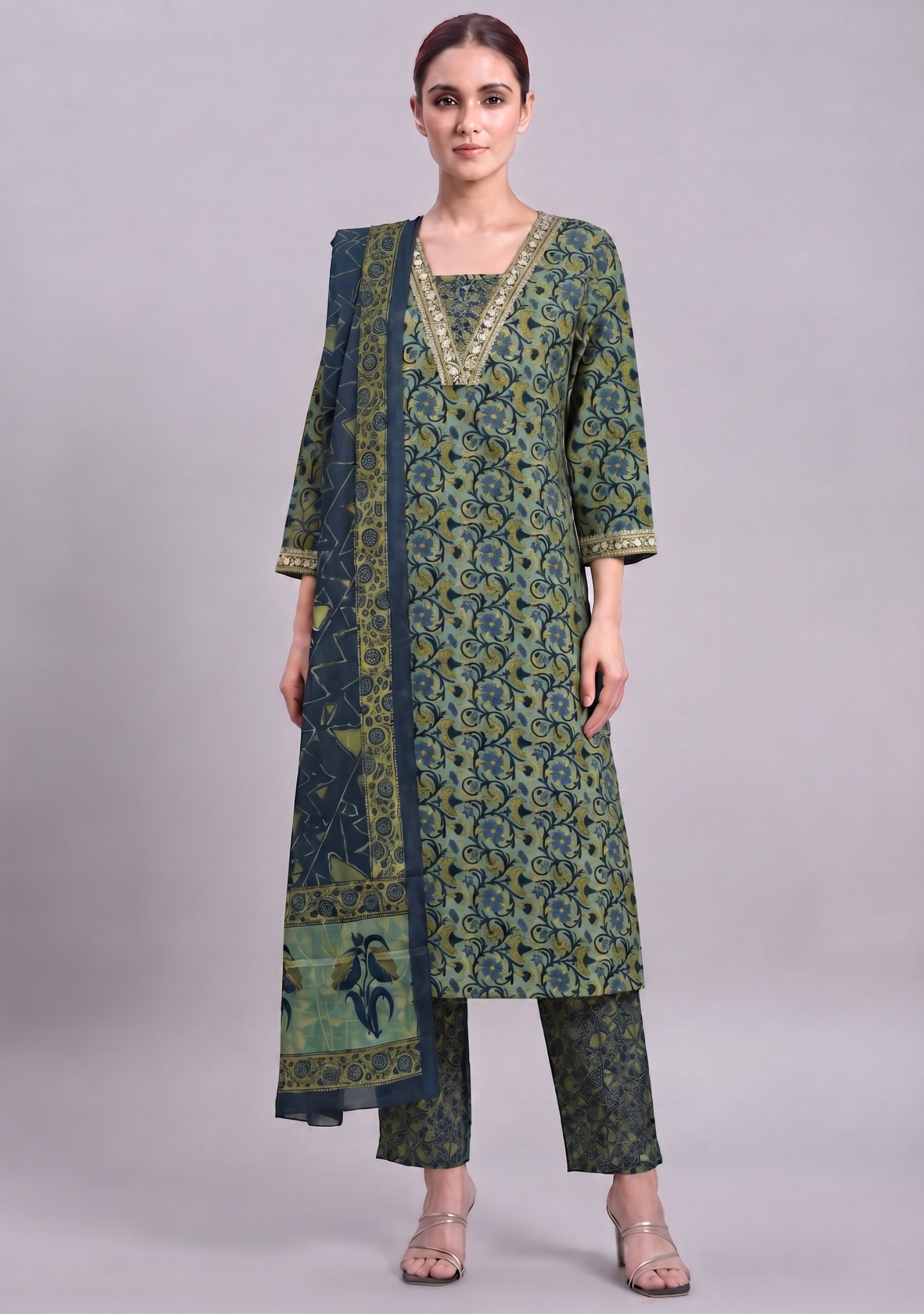 Greyish Navy Blue Printed Handcrafted 3pc suit set