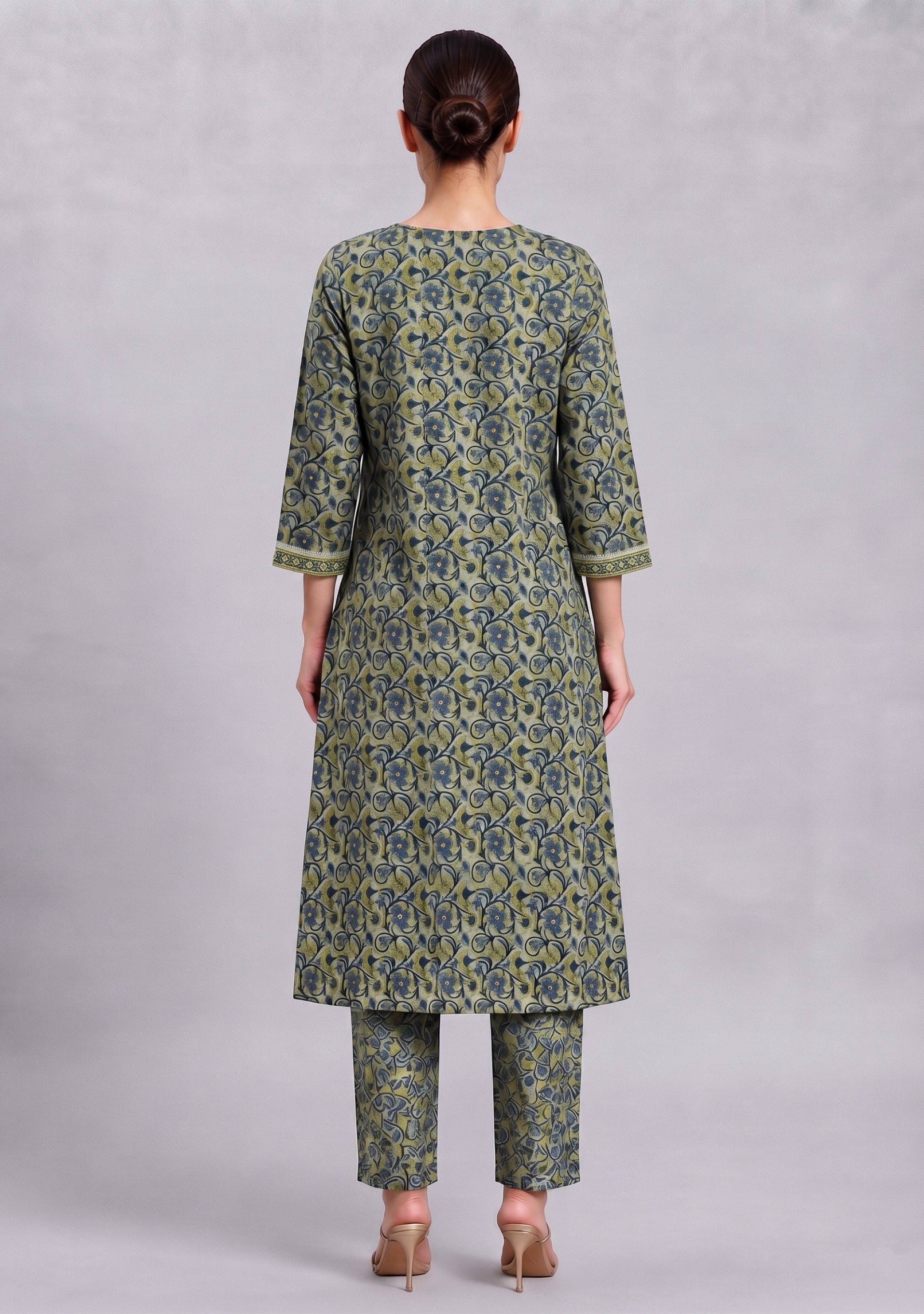 Greyish Navy Blue Printed Handcrafted 3pc suit set