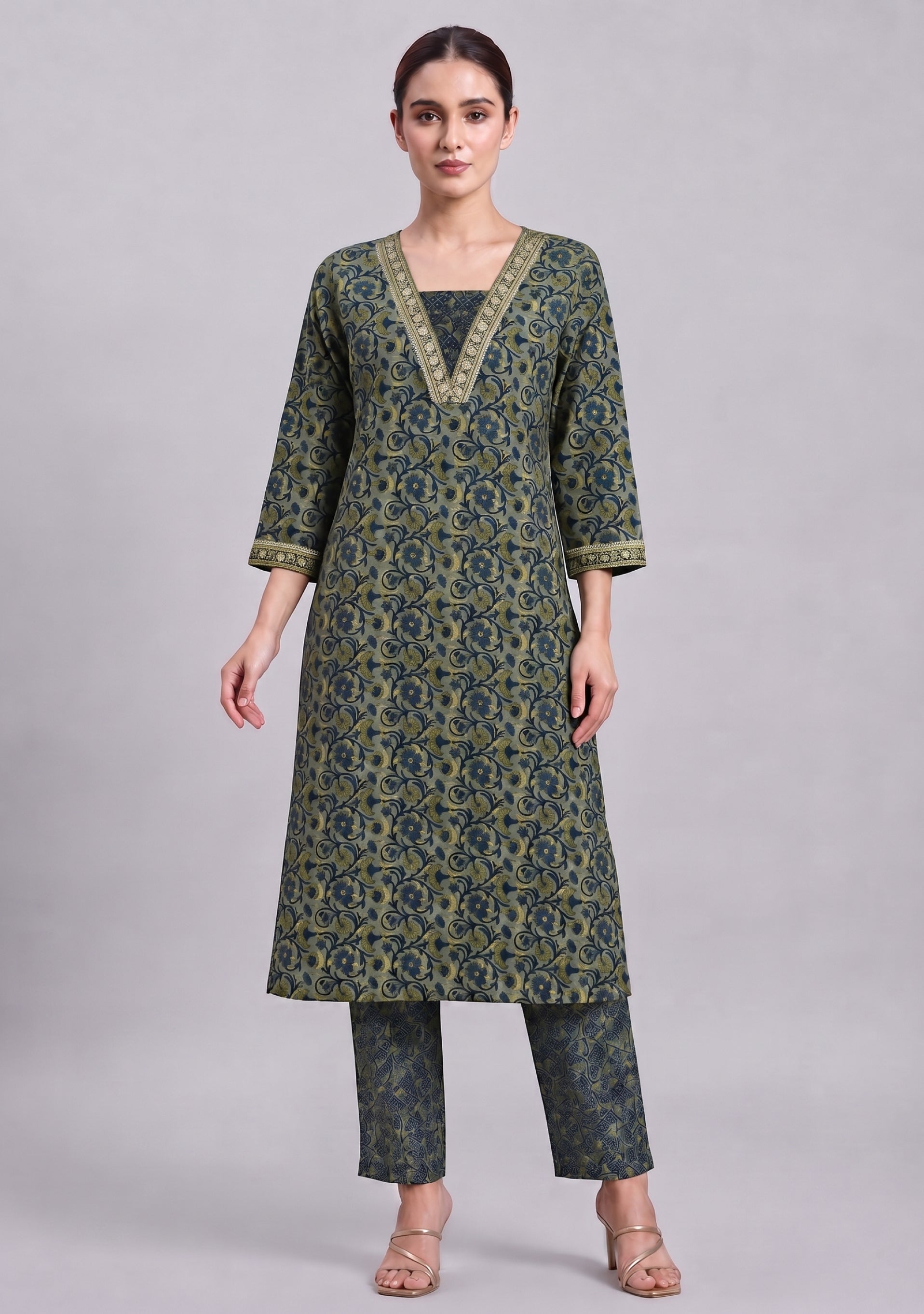Greyish Navy Blue Printed Handcrafted 3pc suit set
