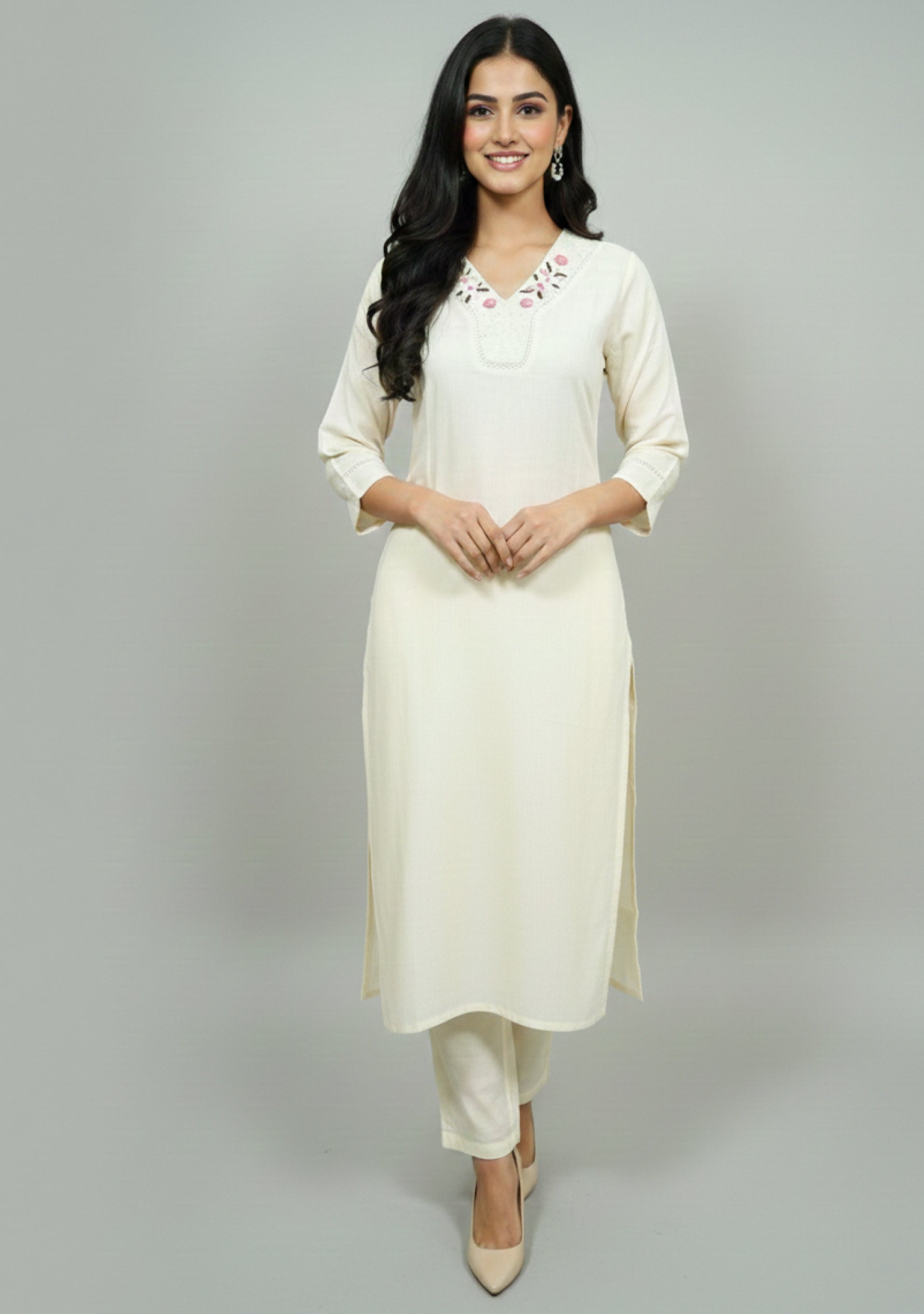 Ivory Chanderi Handcrafted 3pc suit set