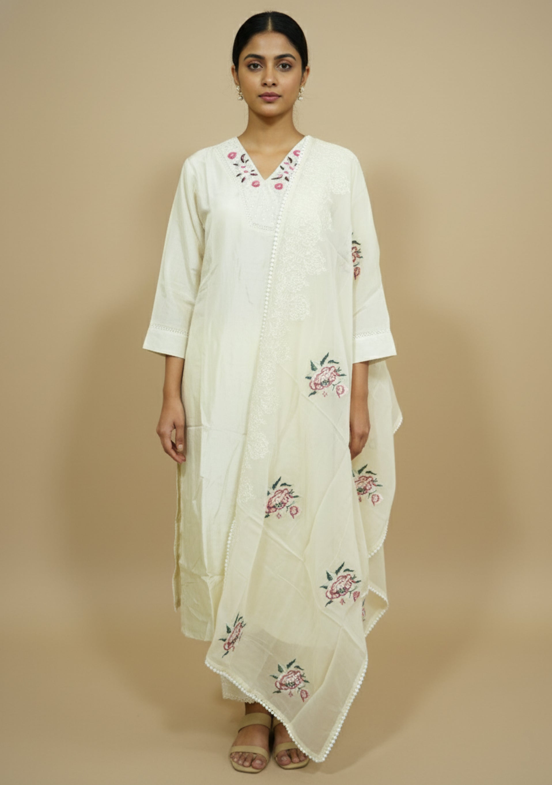 Ivory Chanderi Handcrafted 3pc suit set
