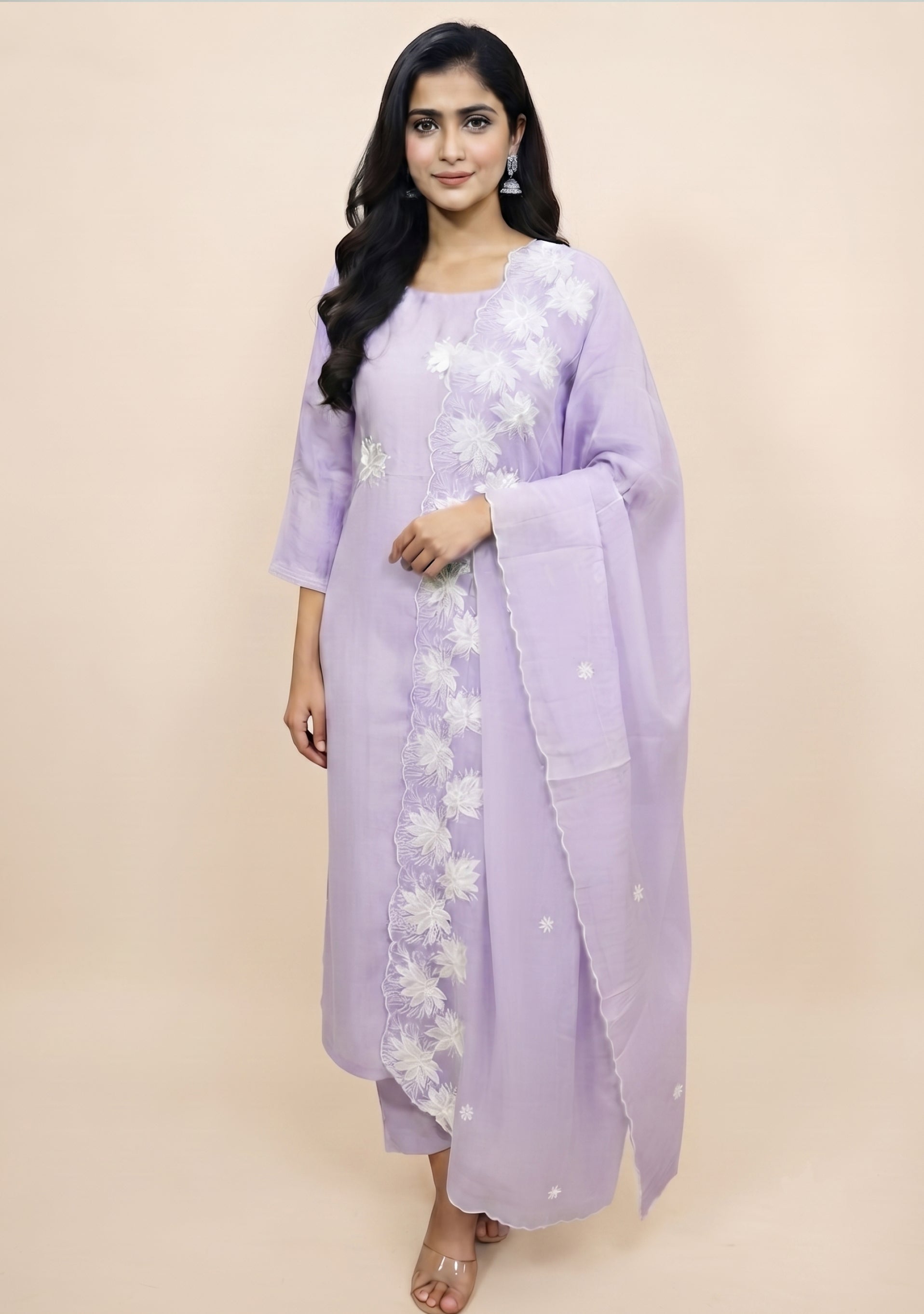 Lavender Art Silk Handcrafted 3pc suit set