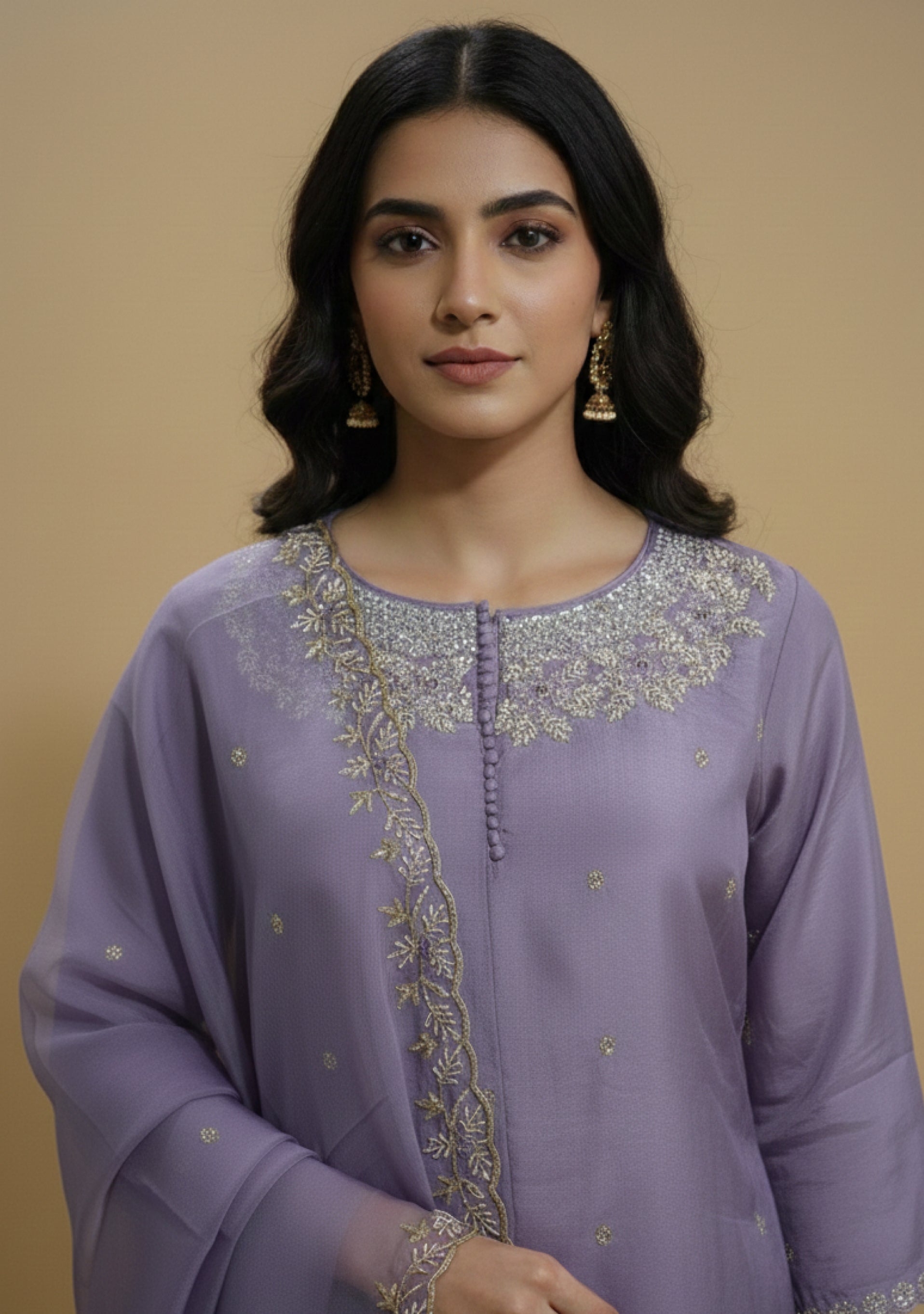 Lavender Art Silk Handcrafted 3pc suit set
