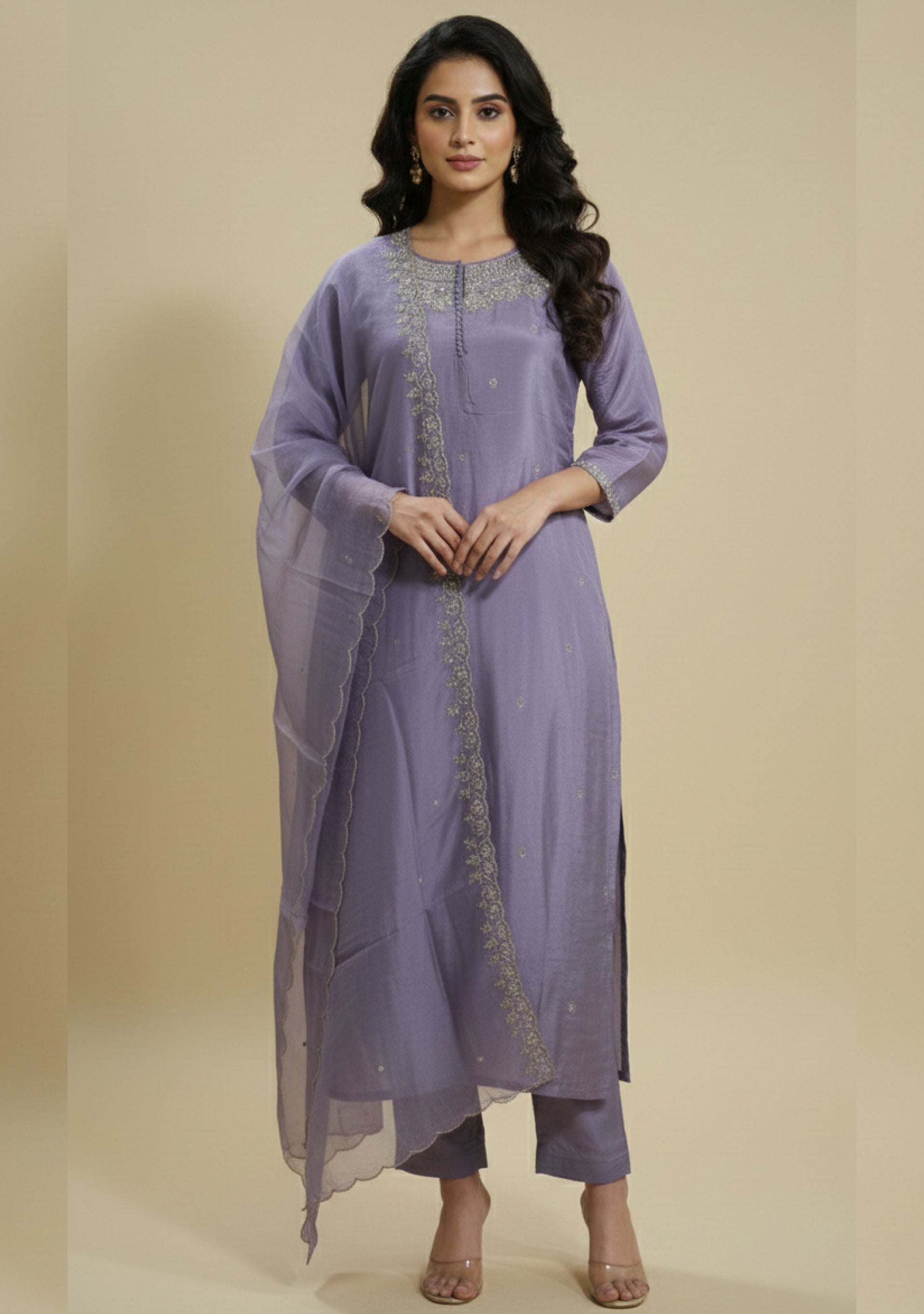 Lavender Art Silk Handcrafted 3pc suit set