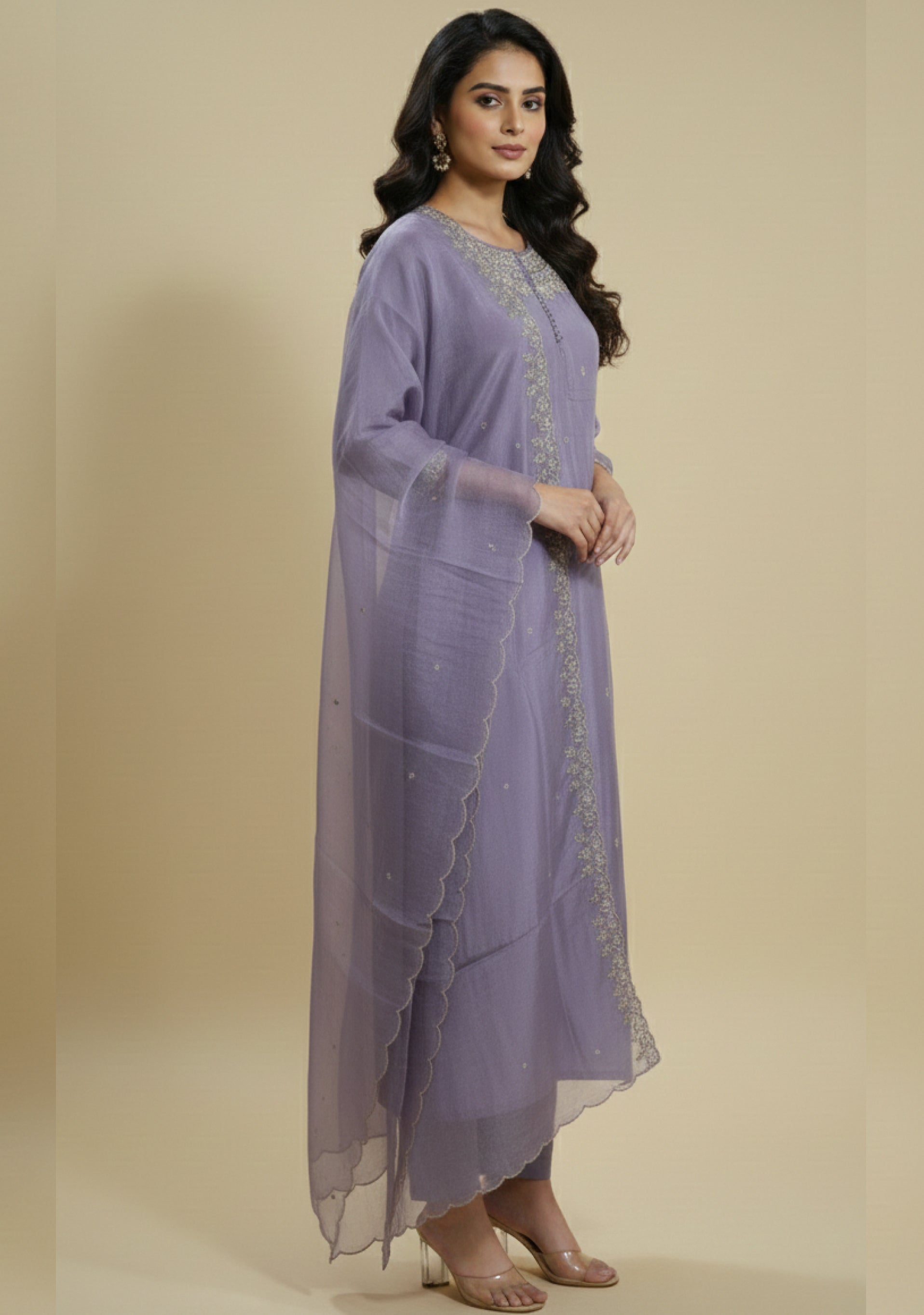 Lavender Art Silk Handcrafted 3pc suit set
