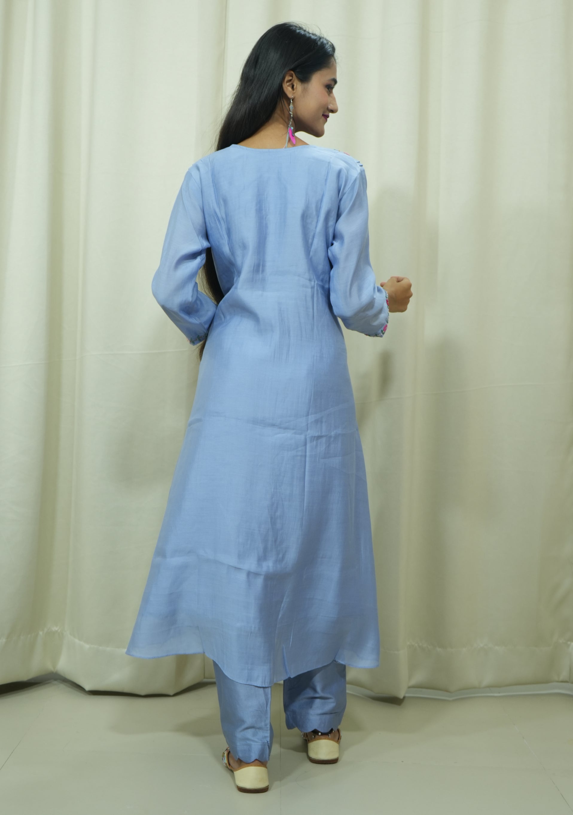 Lavender Blue Chanderi Silk Handcrafted A-line 3pc suit set