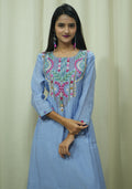 Lavender Blue Chanderi Silk Handcrafted A-line 3pc suit set
