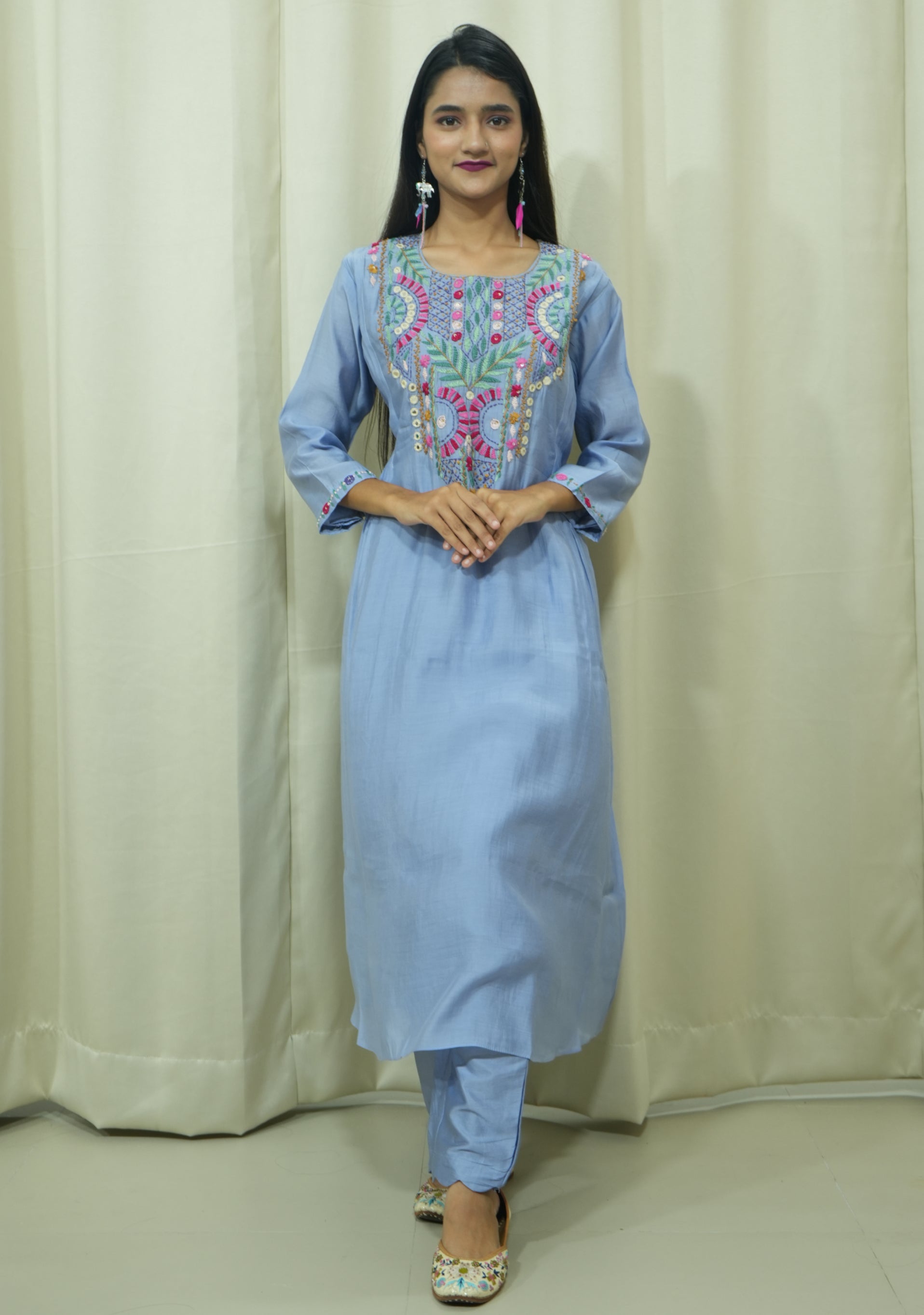 Lavender Blue Chanderi Silk Handcrafted A-line 3pc suit set