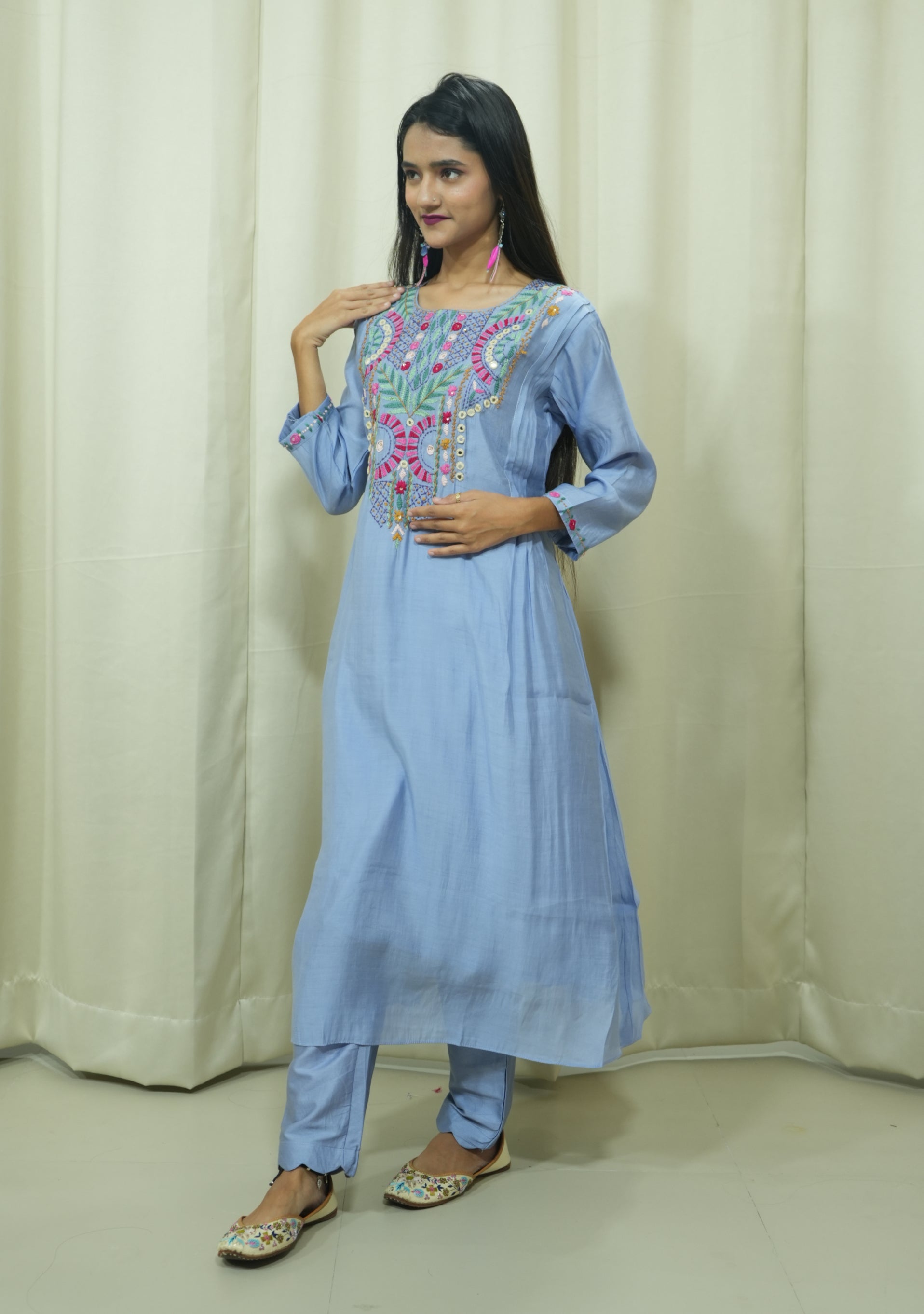 Lavender Blue Chanderi Silk Handcrafted A-line 3pc suit set