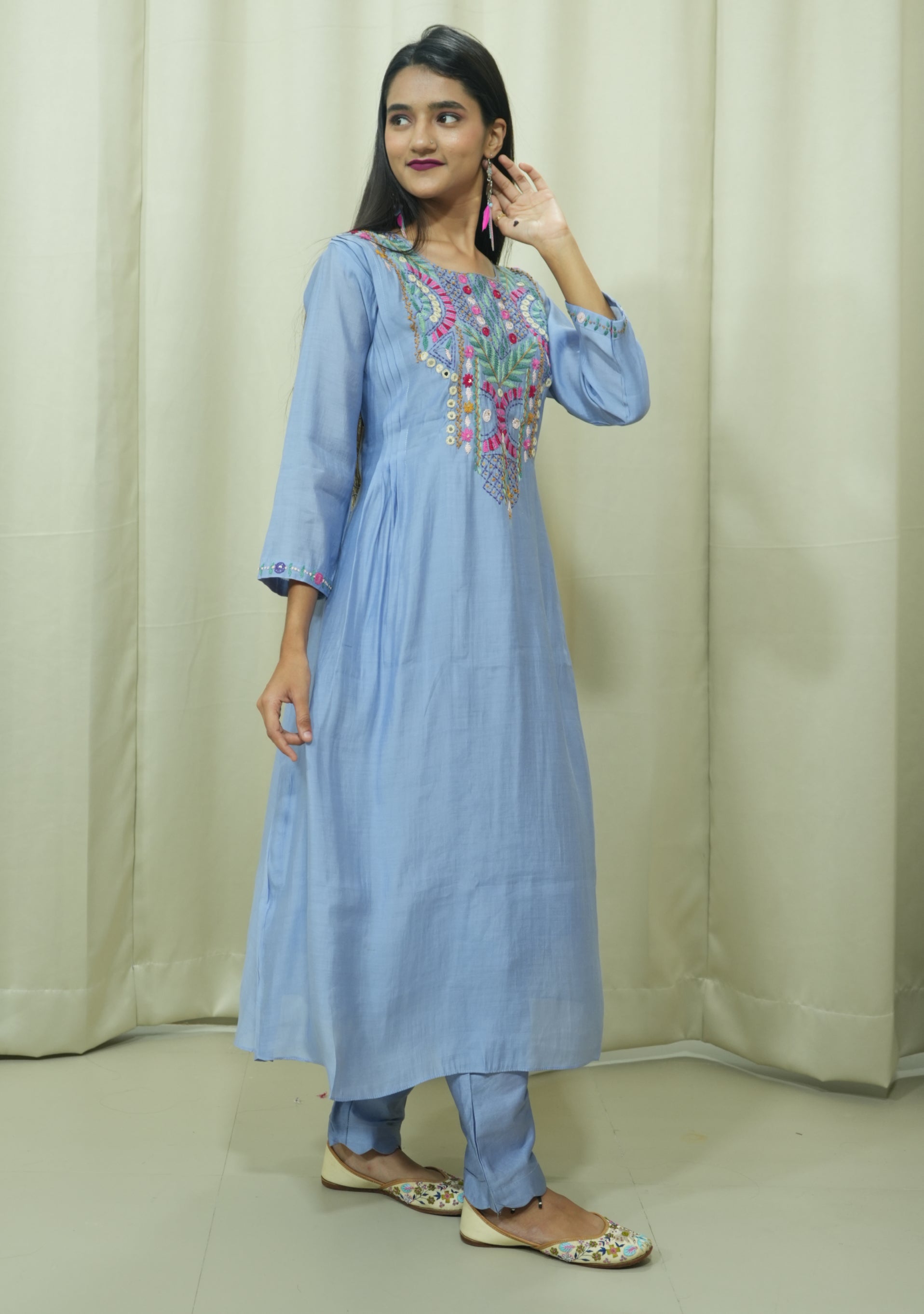 Lavender Blue Chanderi Silk Handcrafted A-line 3pc suit set