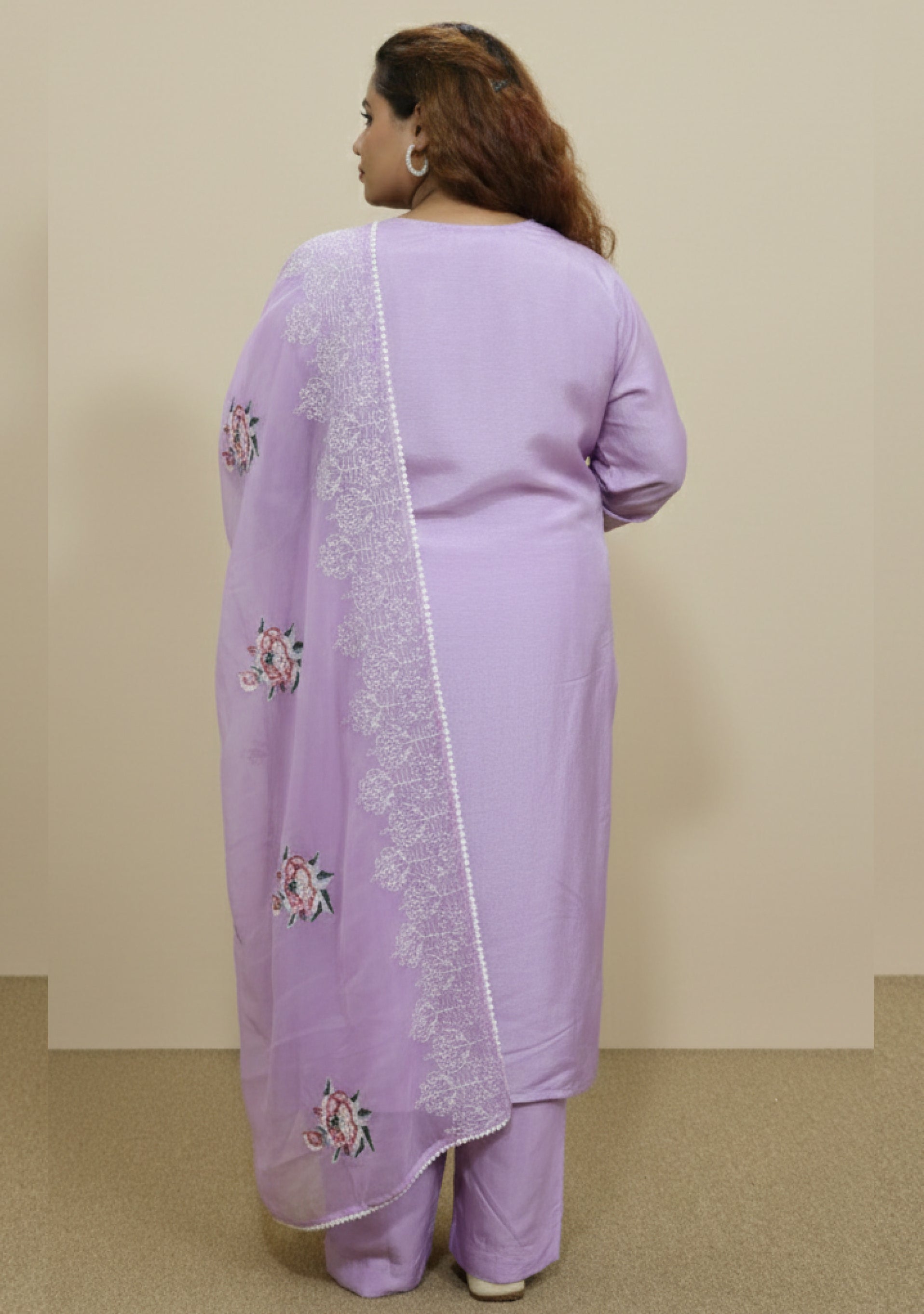 Lavender Chanderi Handcrafted 3pc suit set