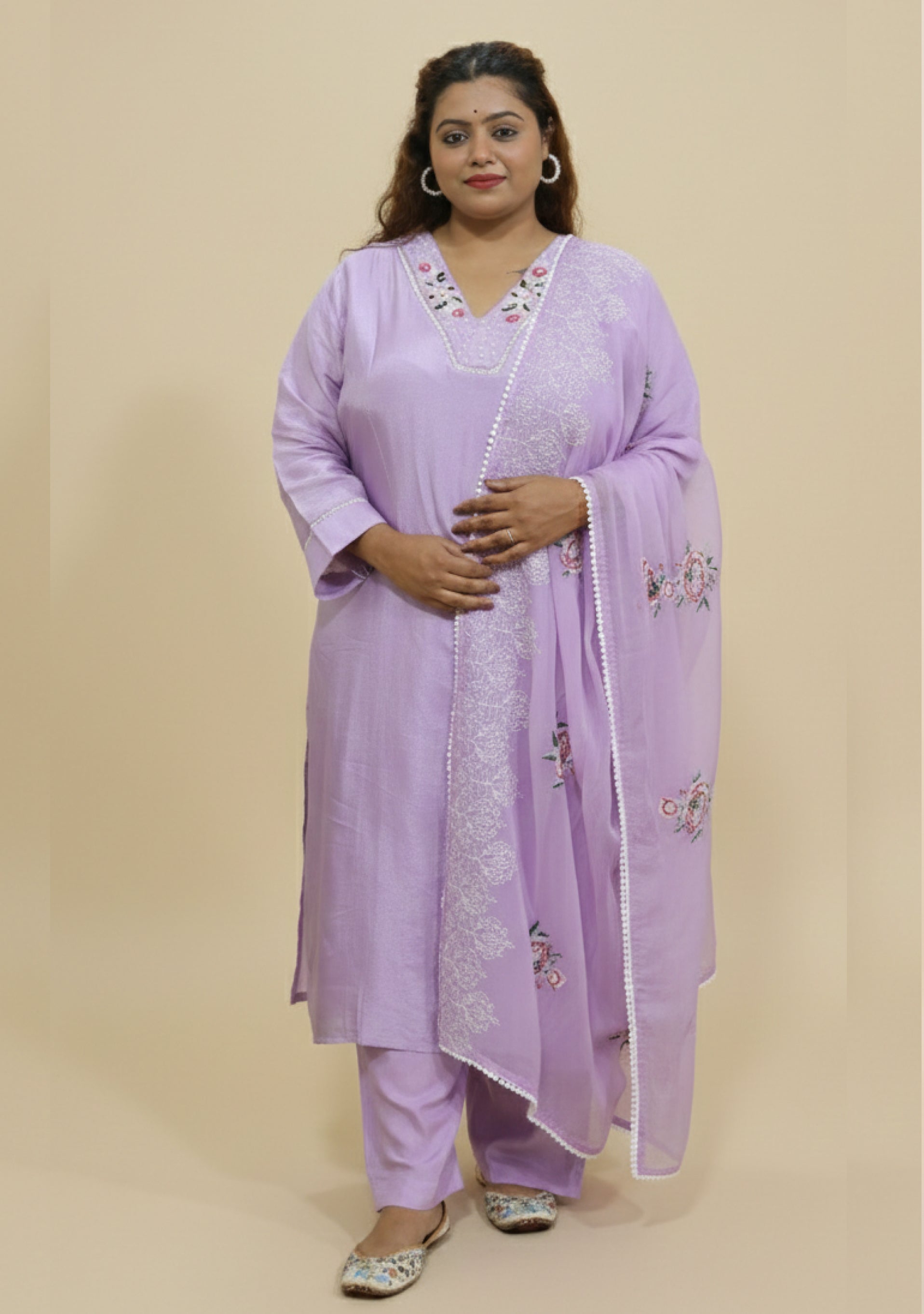 Lavender Chanderi Handcrafted 3pc suit set