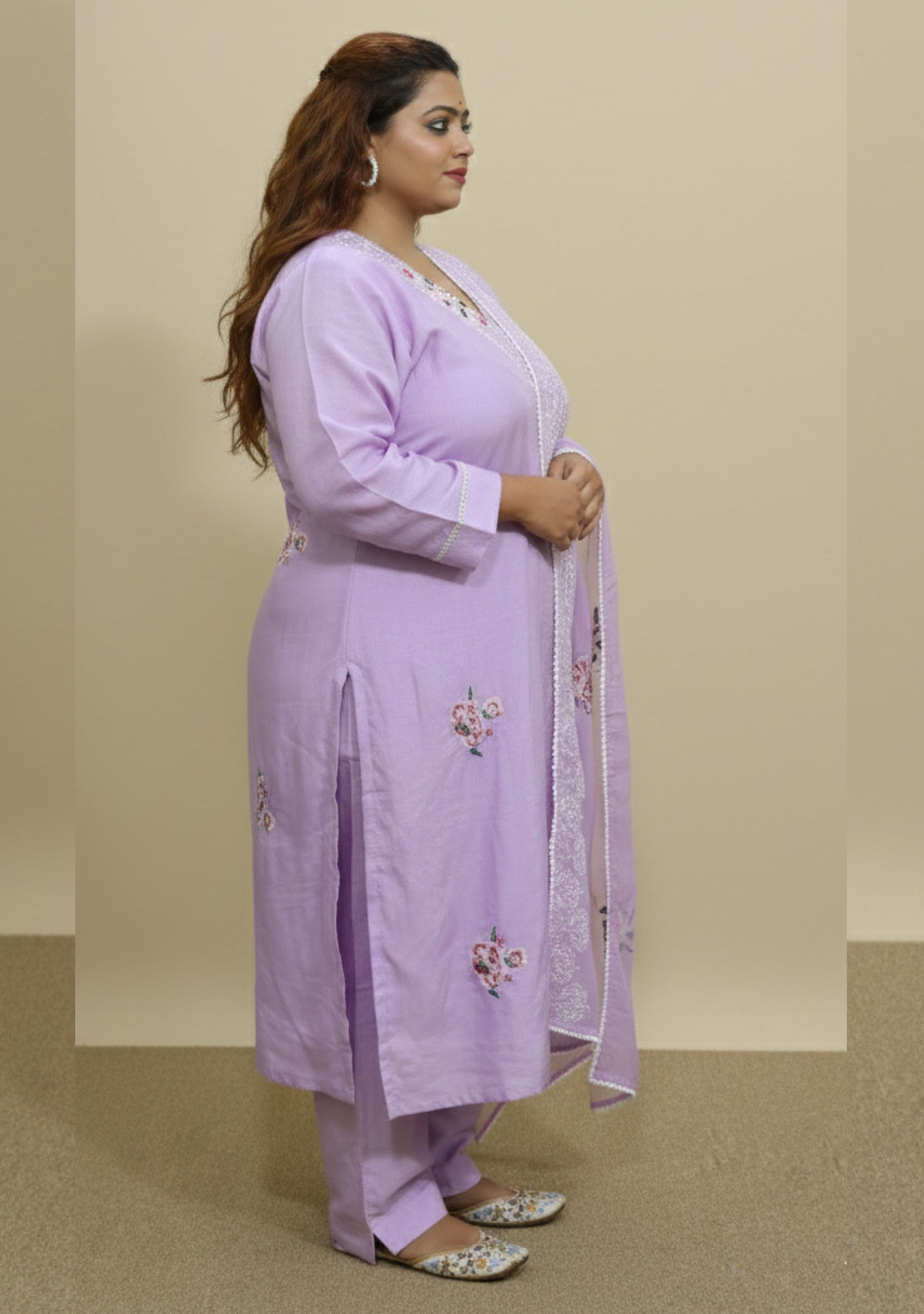 Lavender Chanderi Handcrafted 3pc suit set