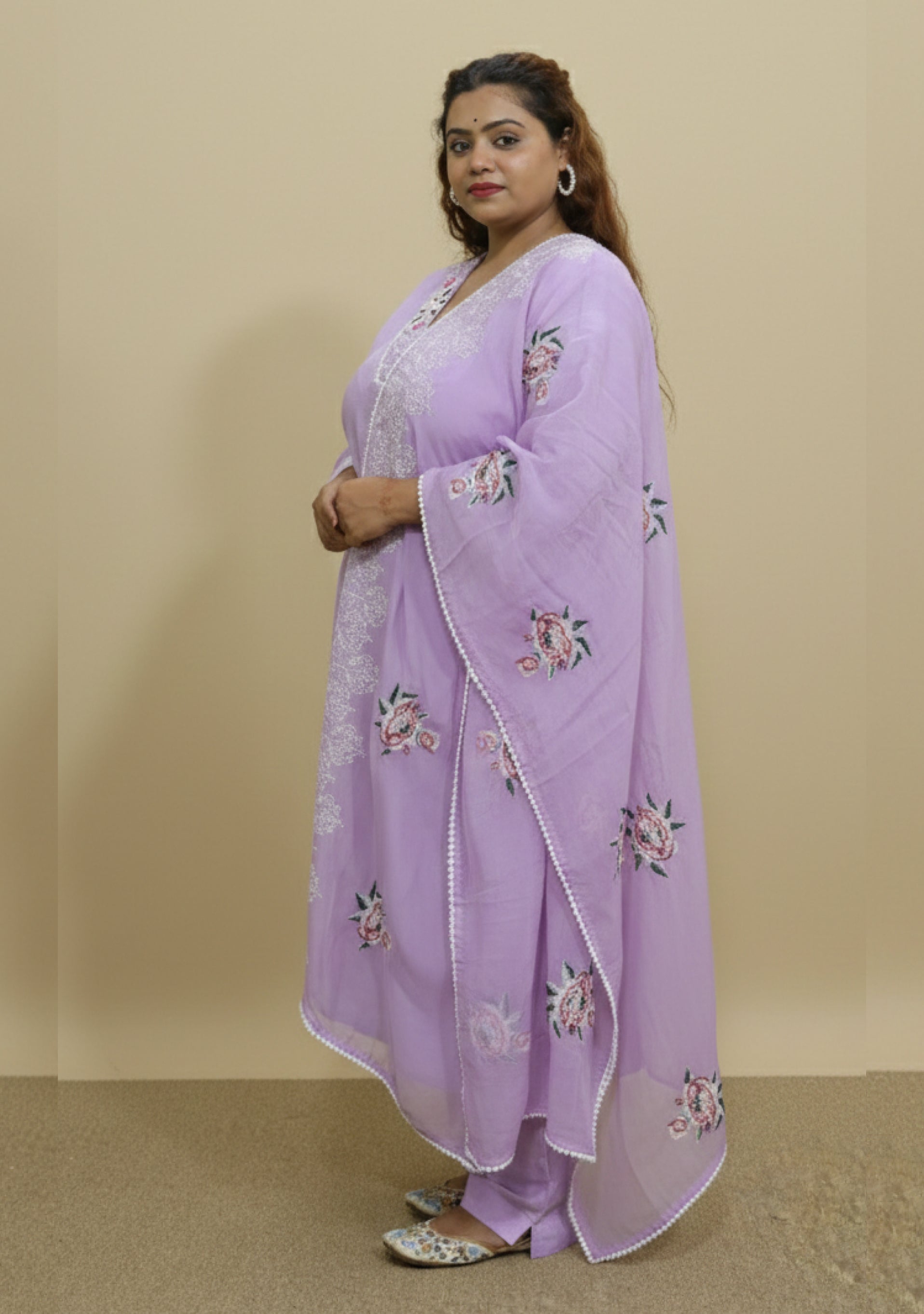 Lavender Chanderi Handcrafted 3pc suit set